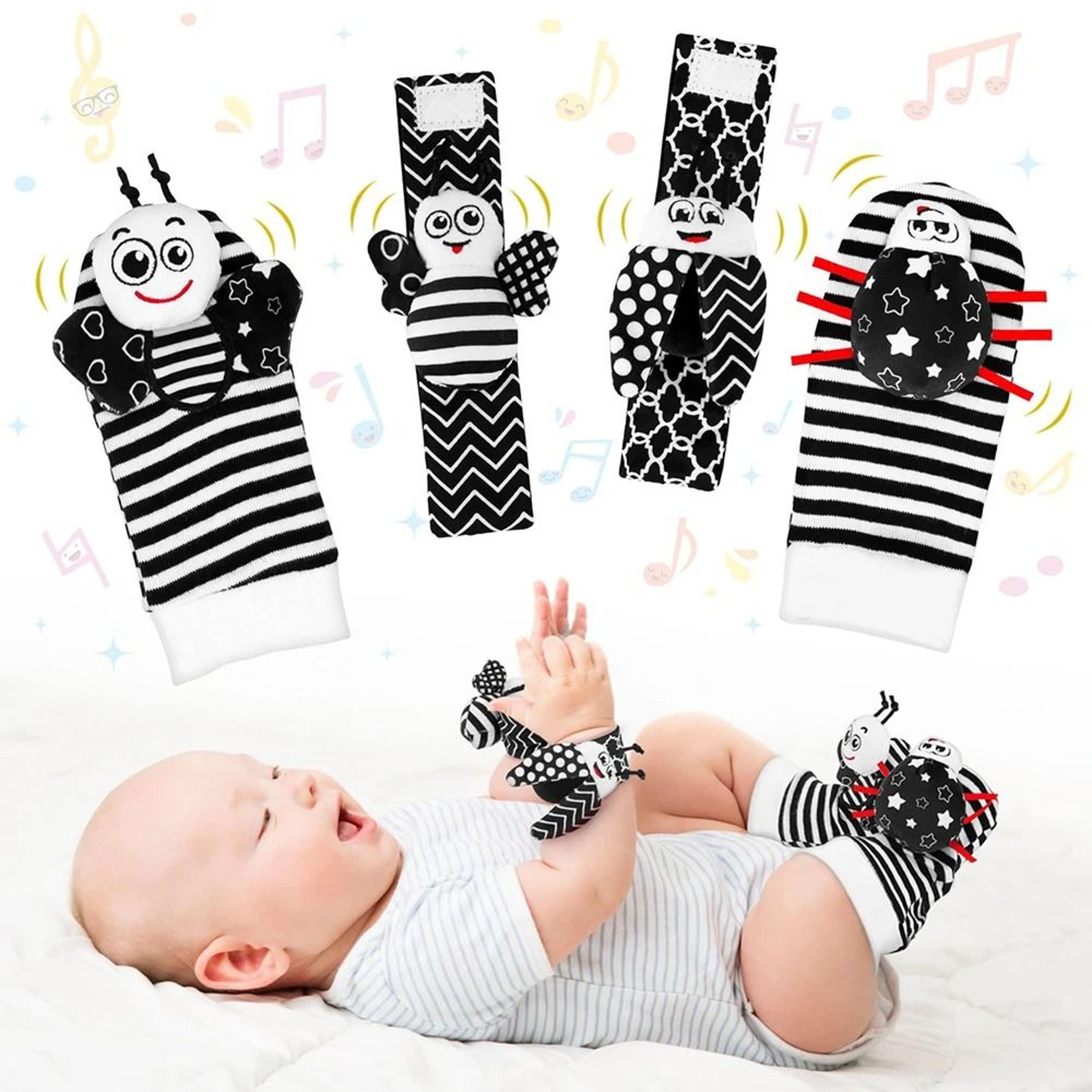 black and white sensory infant wrist rattle and foot finder set
