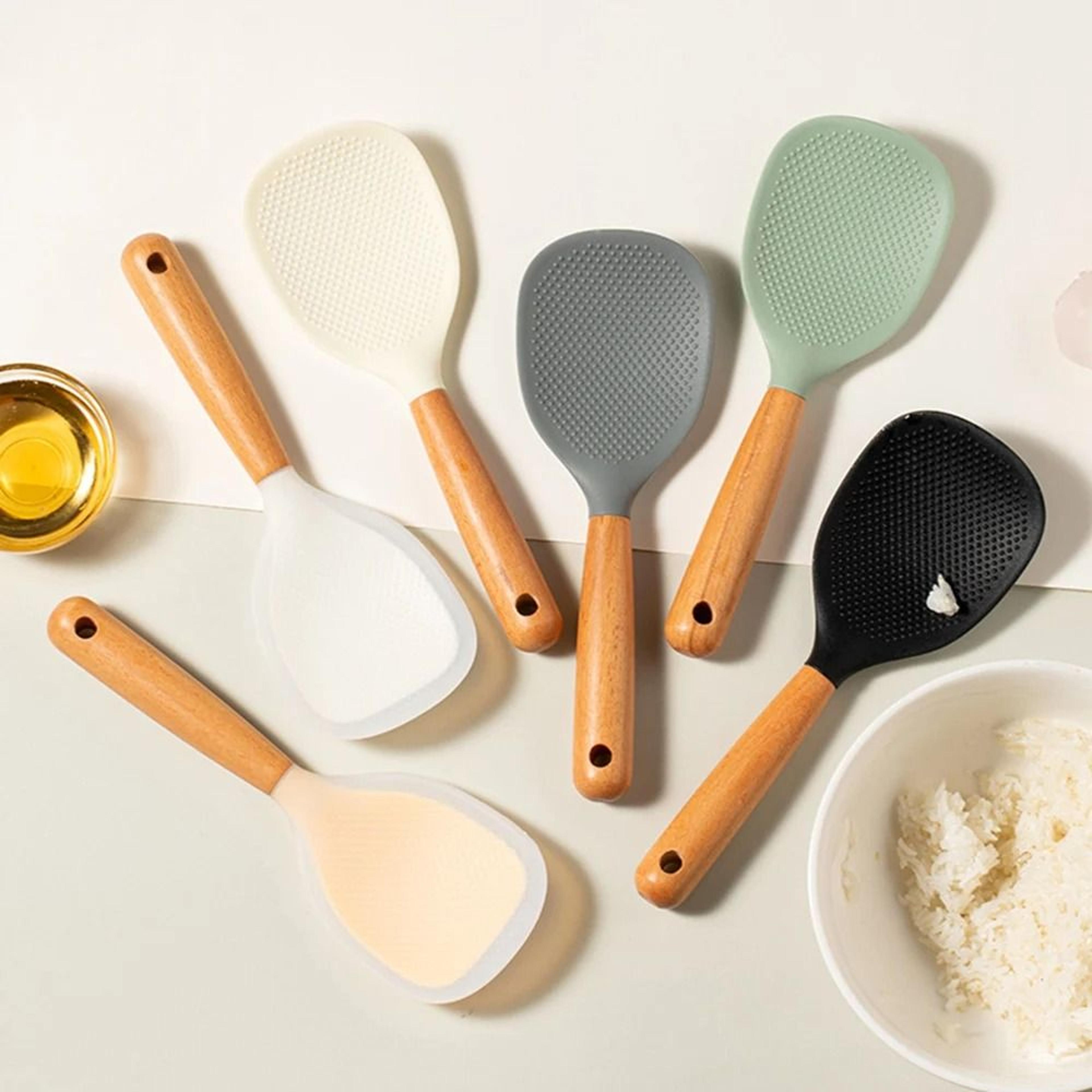 heat-resistant silicone rice shovel with ergonomic wood-finish handle