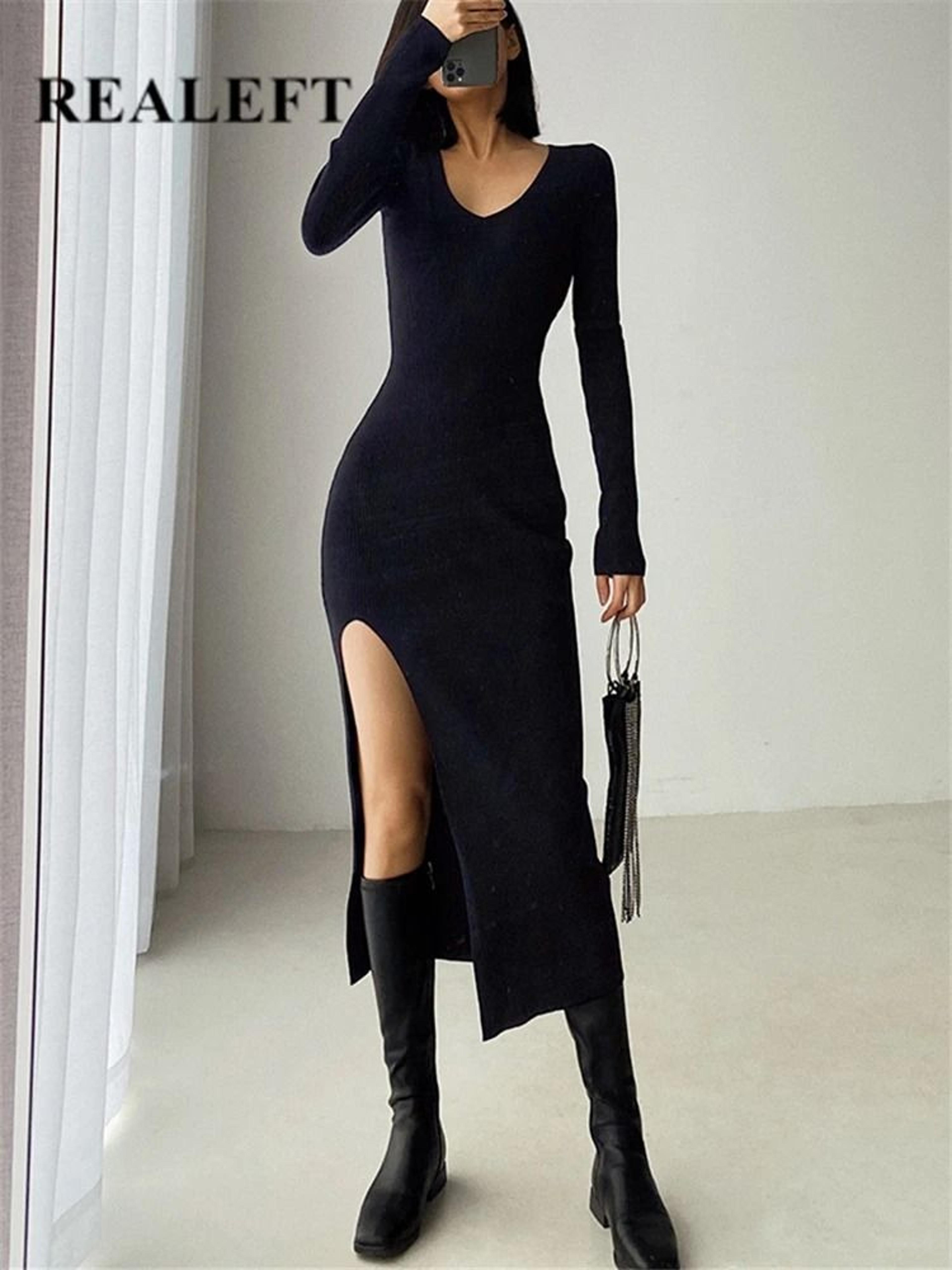 realeft autumn winter french sexy slit v-neck slim tight-fitting wrap sweater dress