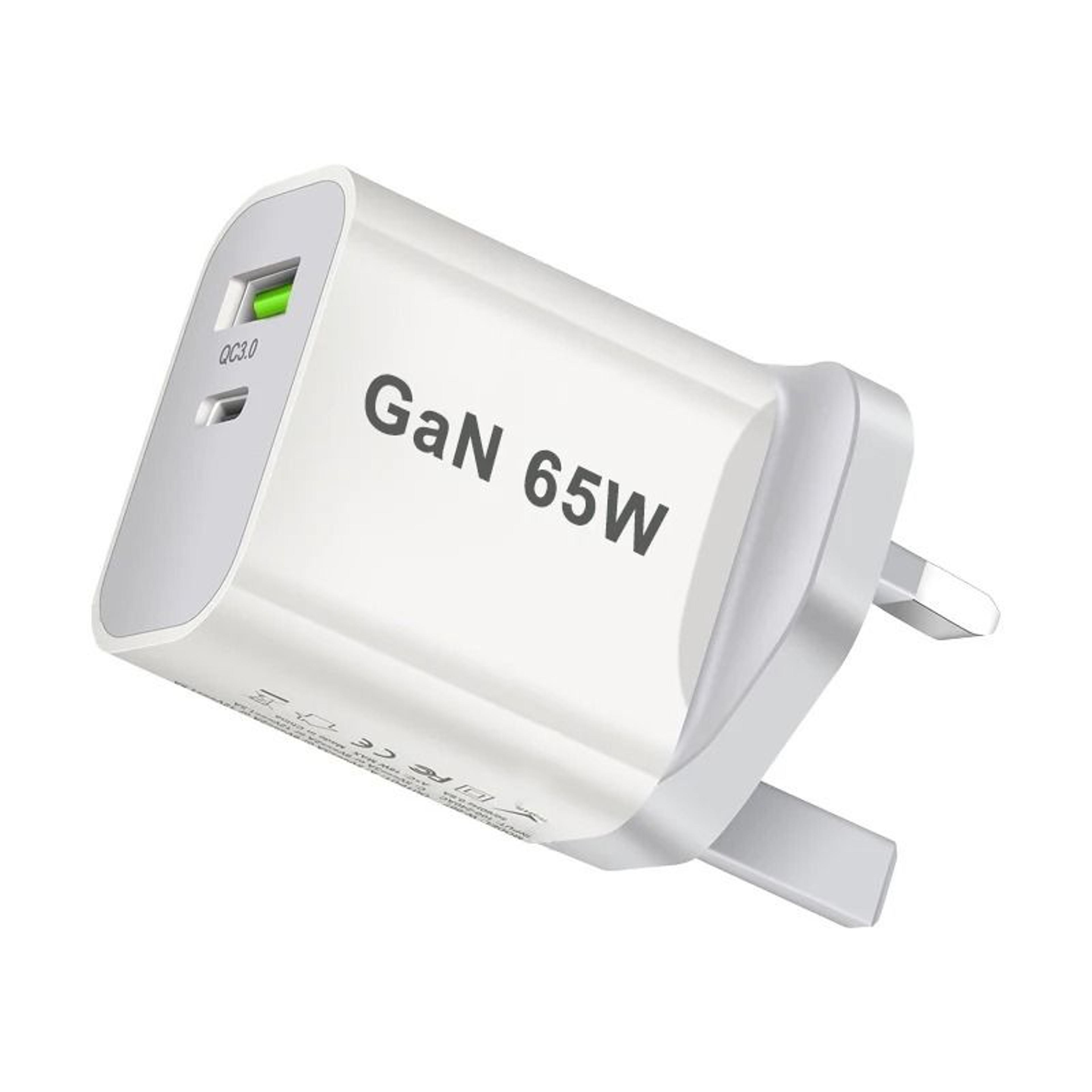 65w pd 3.0 gan usb-c fast charger – dual-port wall adapter with global uk/au/eu/us plug compatibility