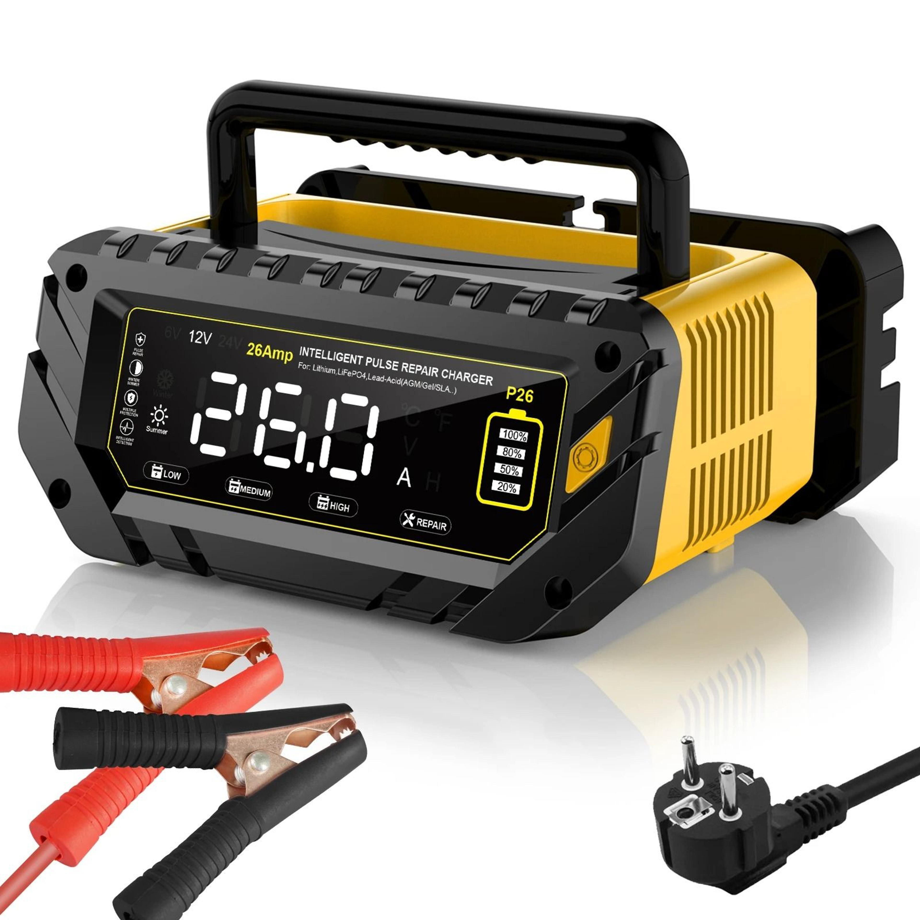 intelligent 26a multi-voltage battery charger – 6v/12v/24v smart repair for lithium, lifepo4 & lead-acid