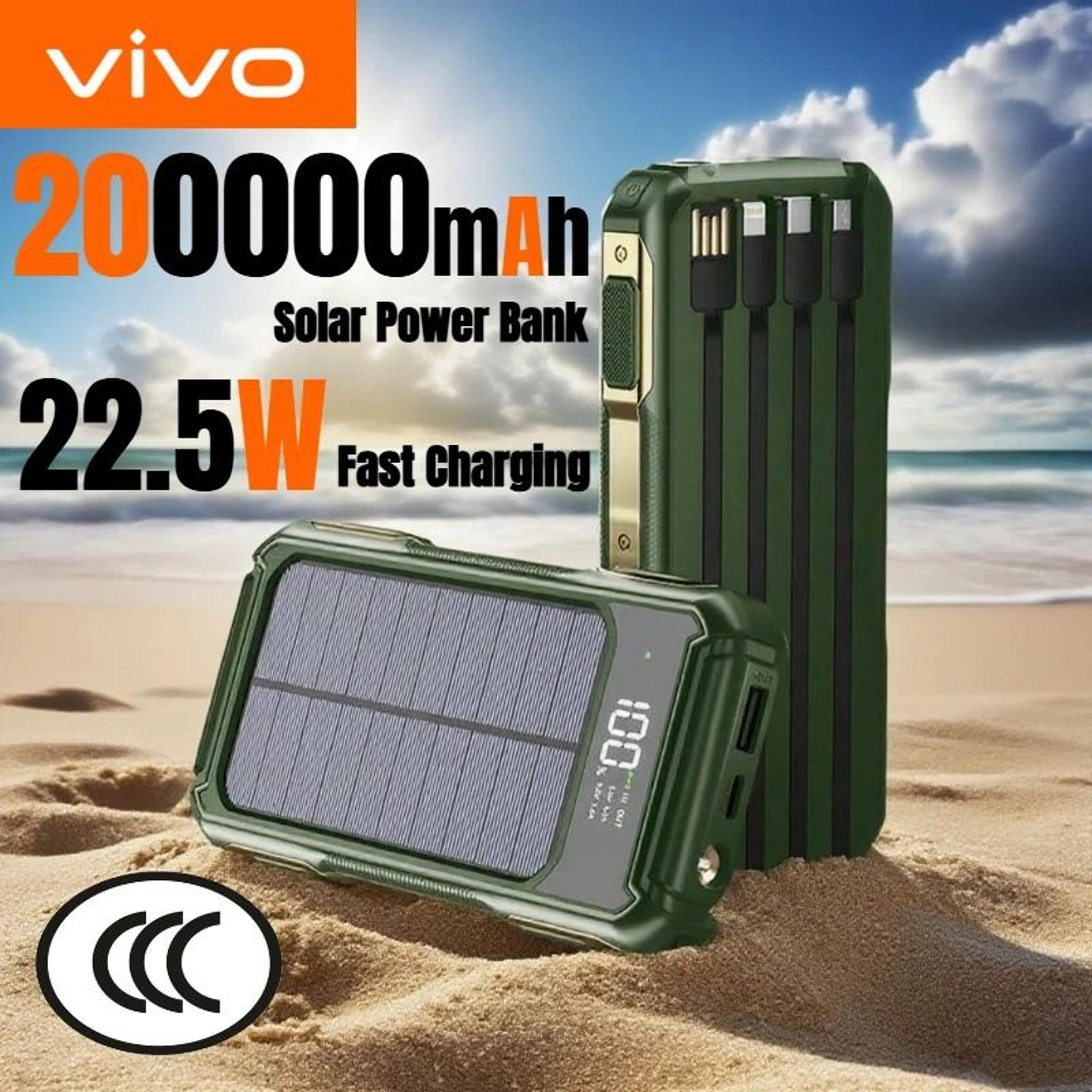 vivo solar power bank – 4-in-1 large capacity portable battery with built-in cables, digital display & laser light