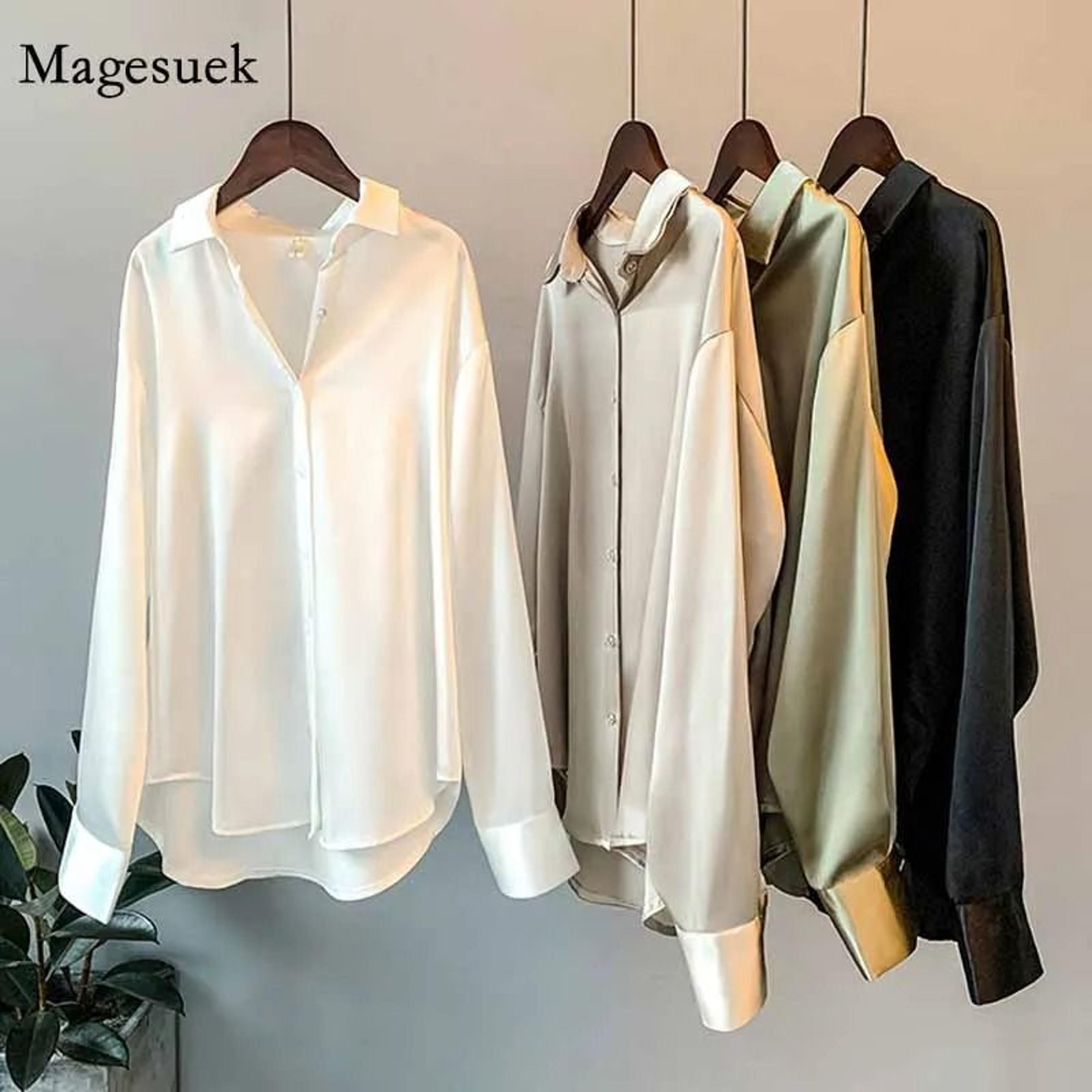 vintage satin silk button-up shirt – elegant white long sleeve blouse for spring fashion
