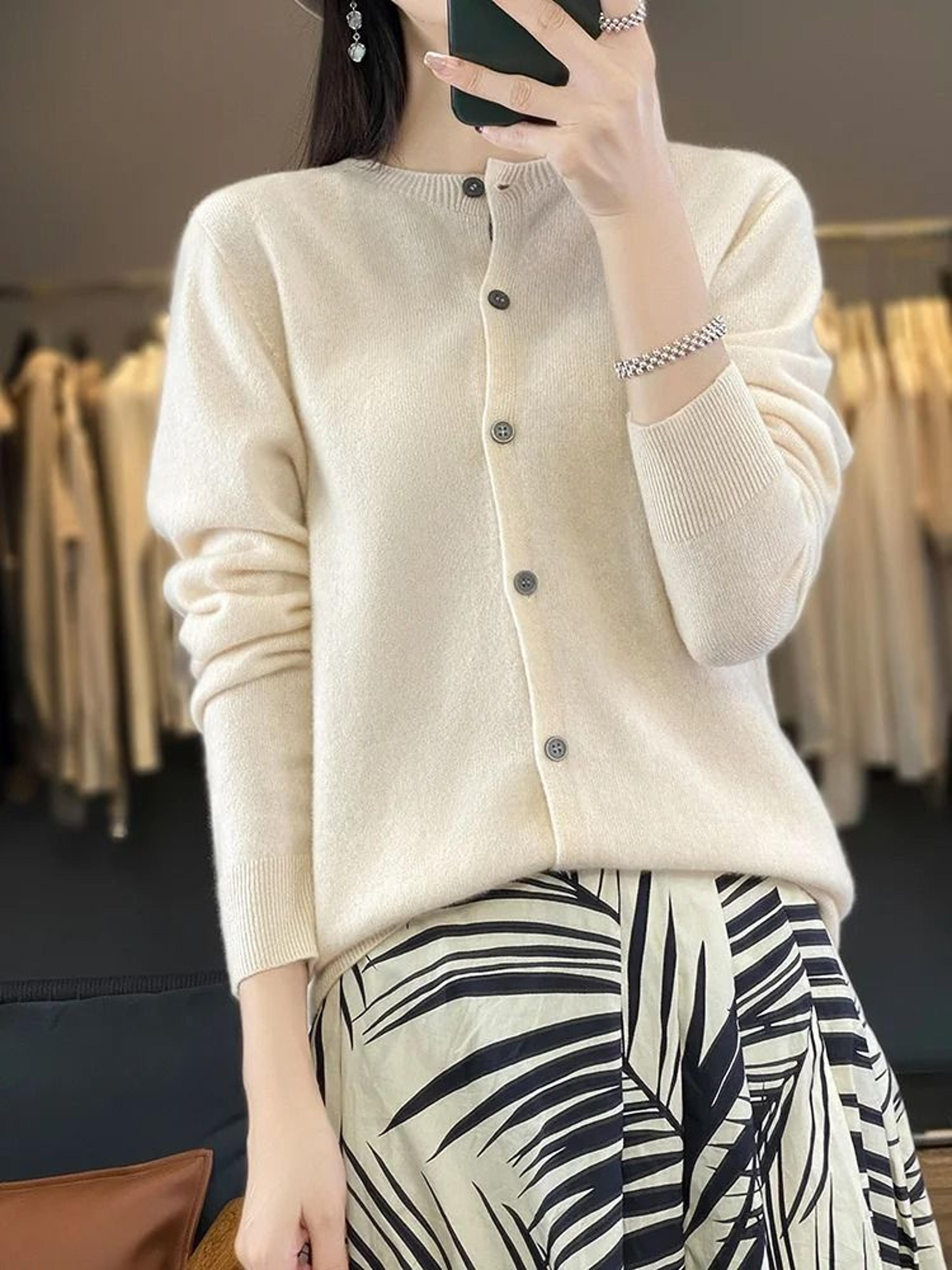 womens 100% merino wool o-neck cardigan – premium buttoned knitwear for autumn & winter