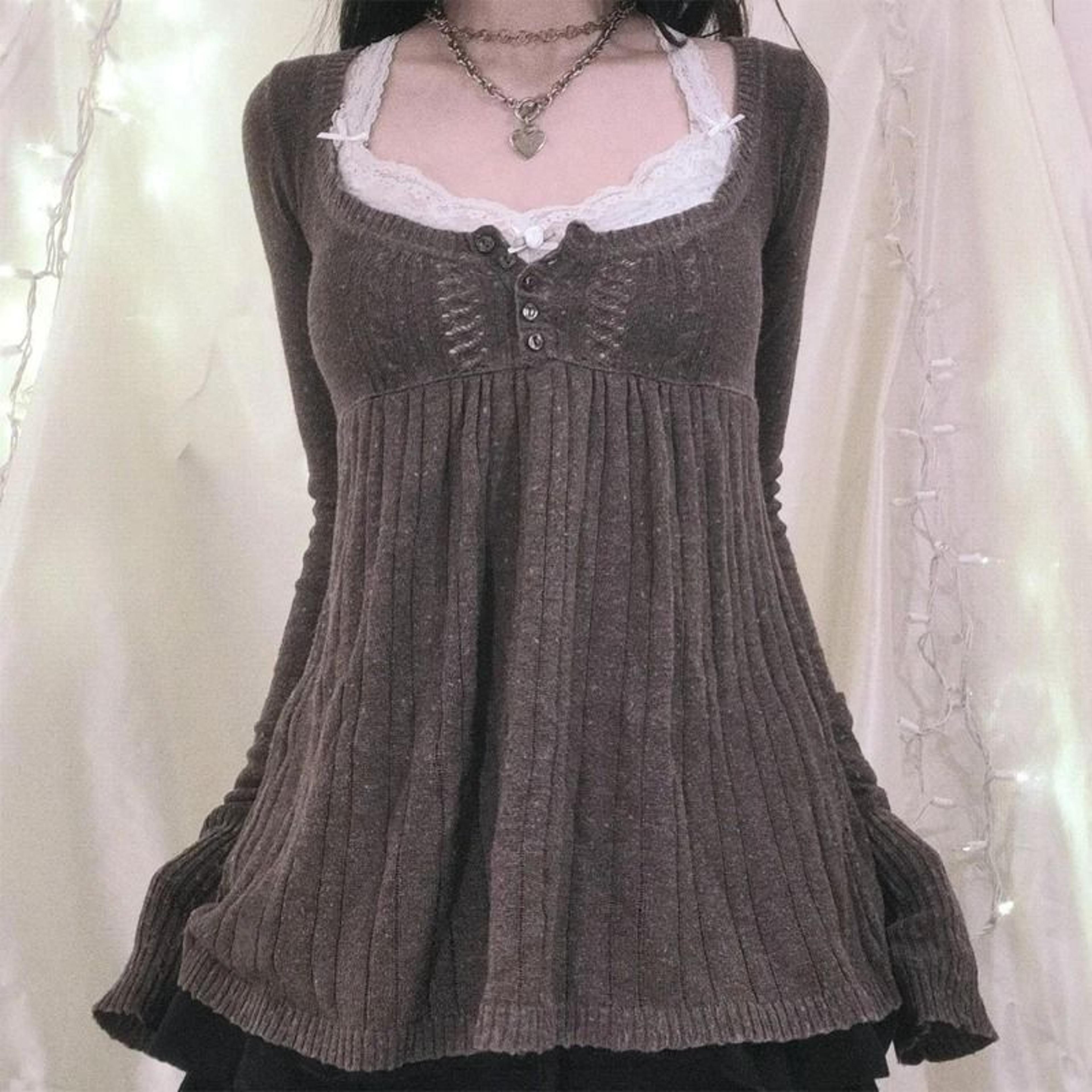 2000s vintage long sleeve babydoll knitted sweater – cottage milkmaid y2k aesthetic pullover