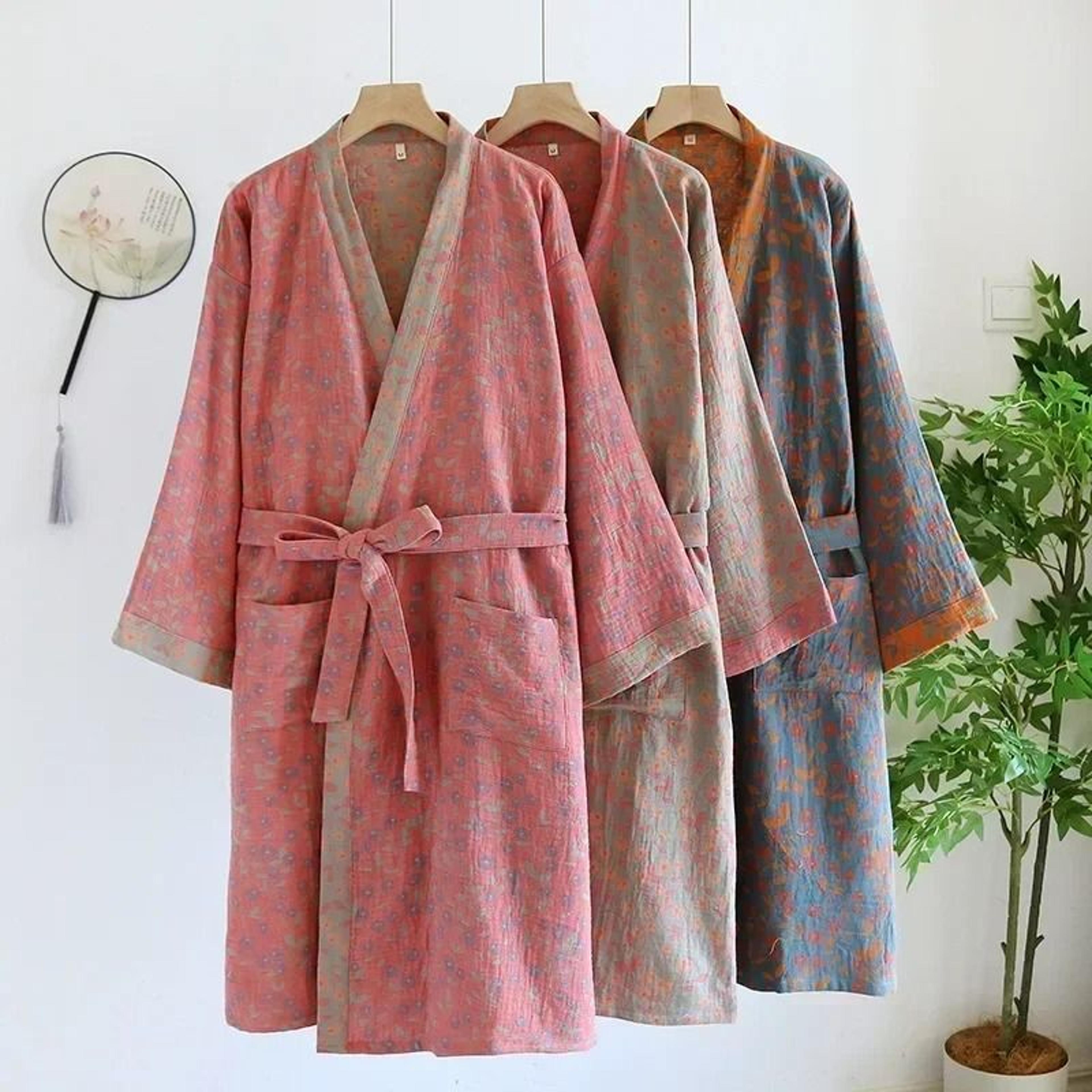 multi-color kimono bathrobe – cotton loose home sleepwear & spring/summer robe with belt