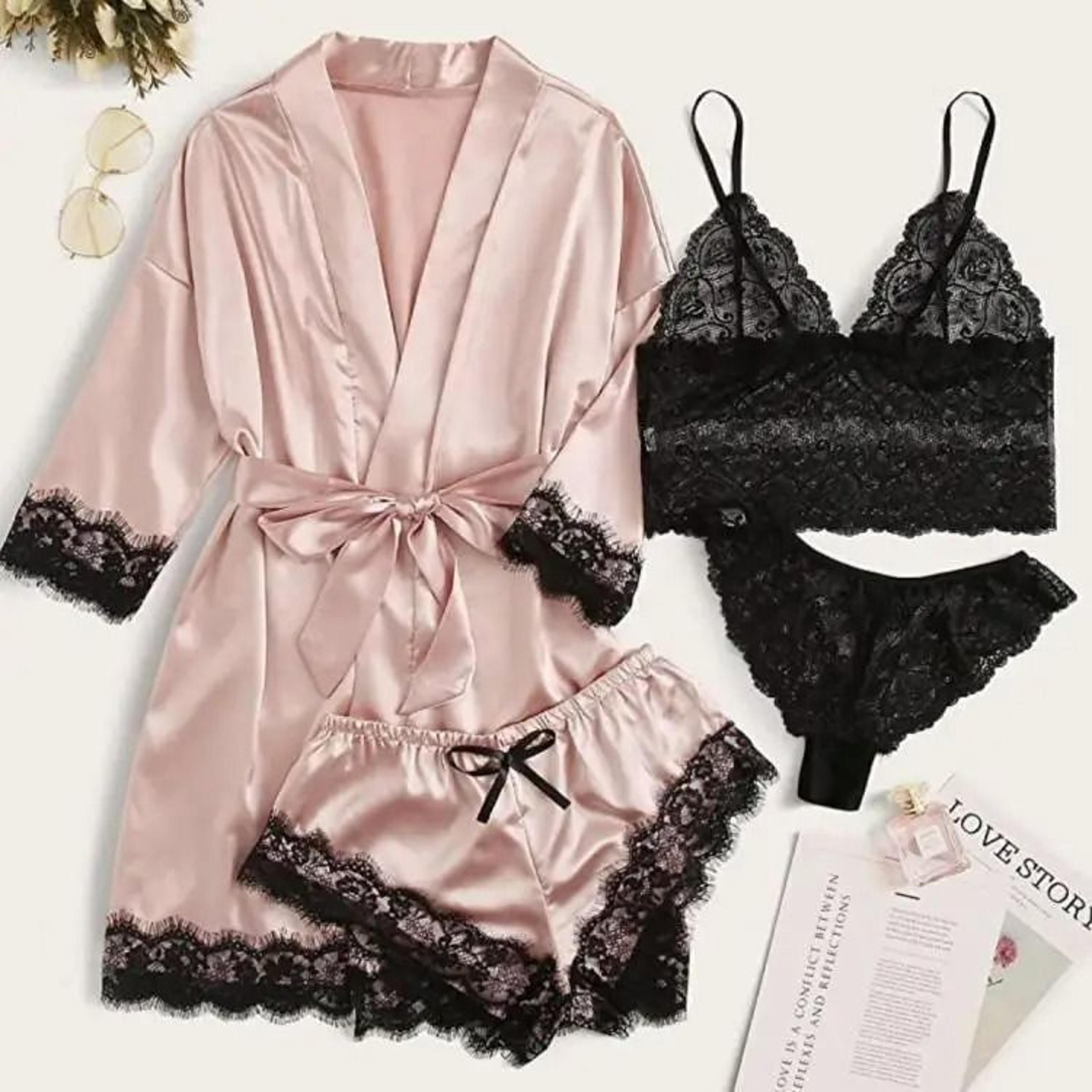 womens fashion print satin pajama set – sexy lace trim faux silk gown & skin-friendly loungewear