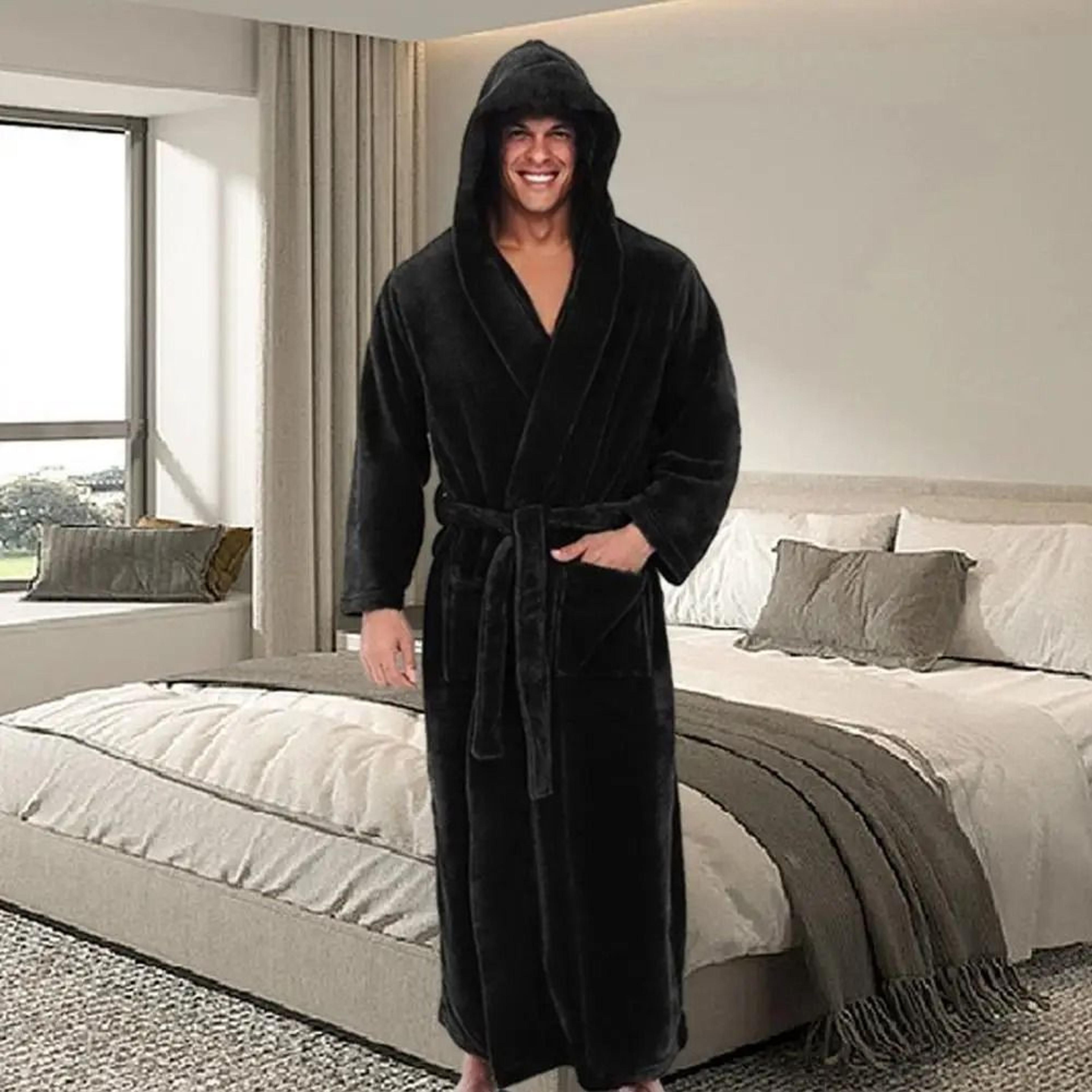 mens premium hooded flannel bathrobe – long quick-dry sleepwear & soft fluffy home gown
