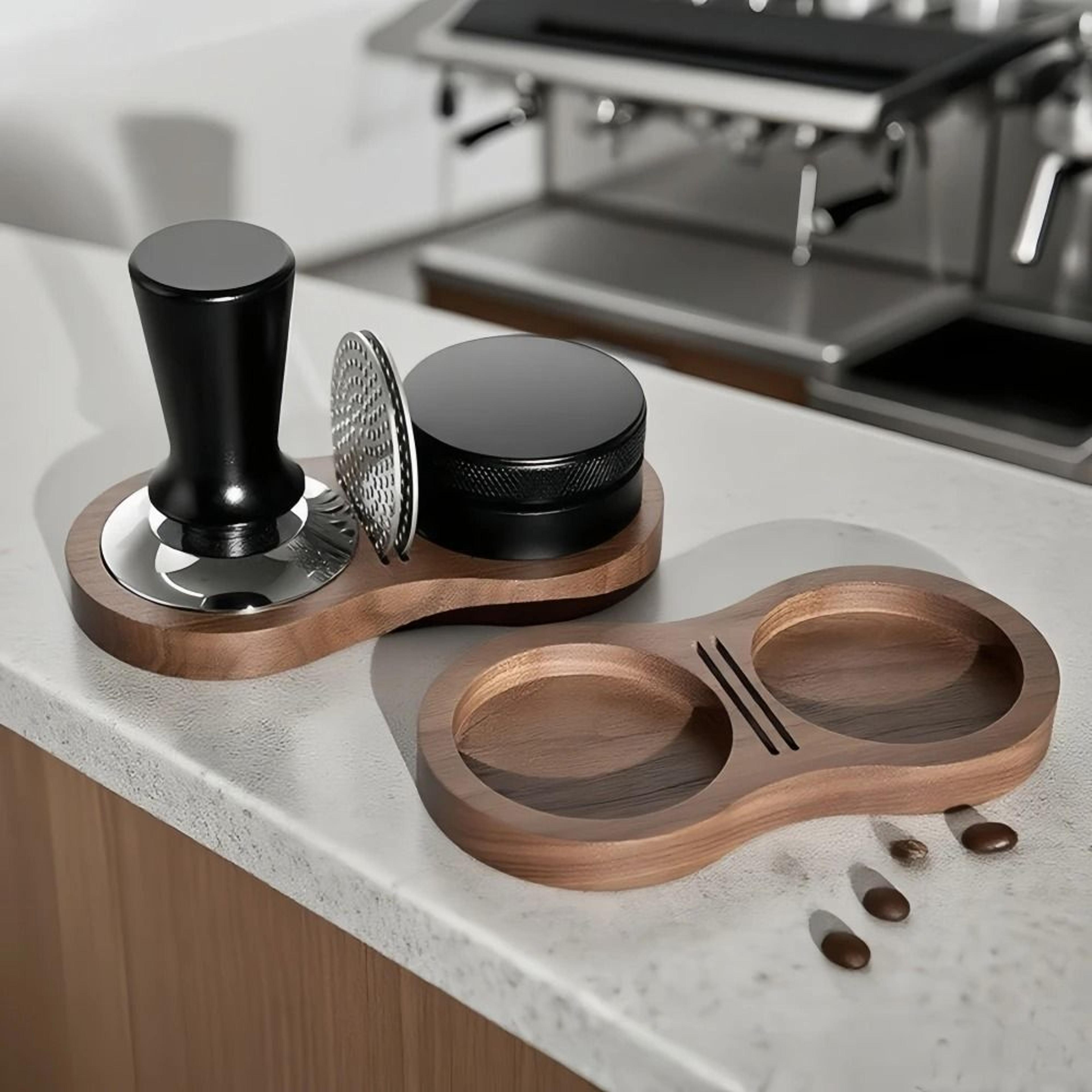 universal solid wood barista organizer – professional storage station for coffee press hammers and water divider nets (5