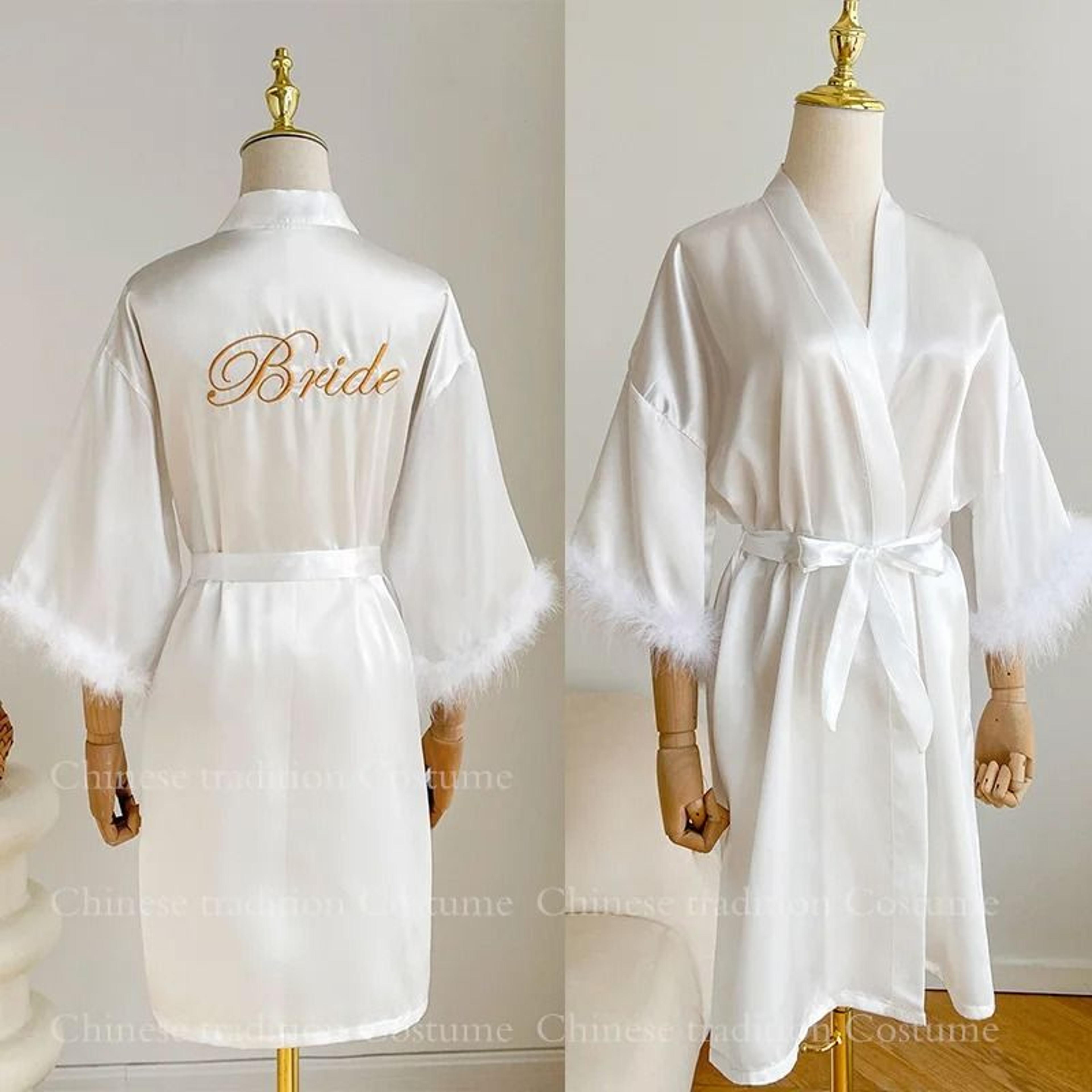 luxurious white bridal feather robe – professional satin wedding kimono & sexy bridesmaid peignoir