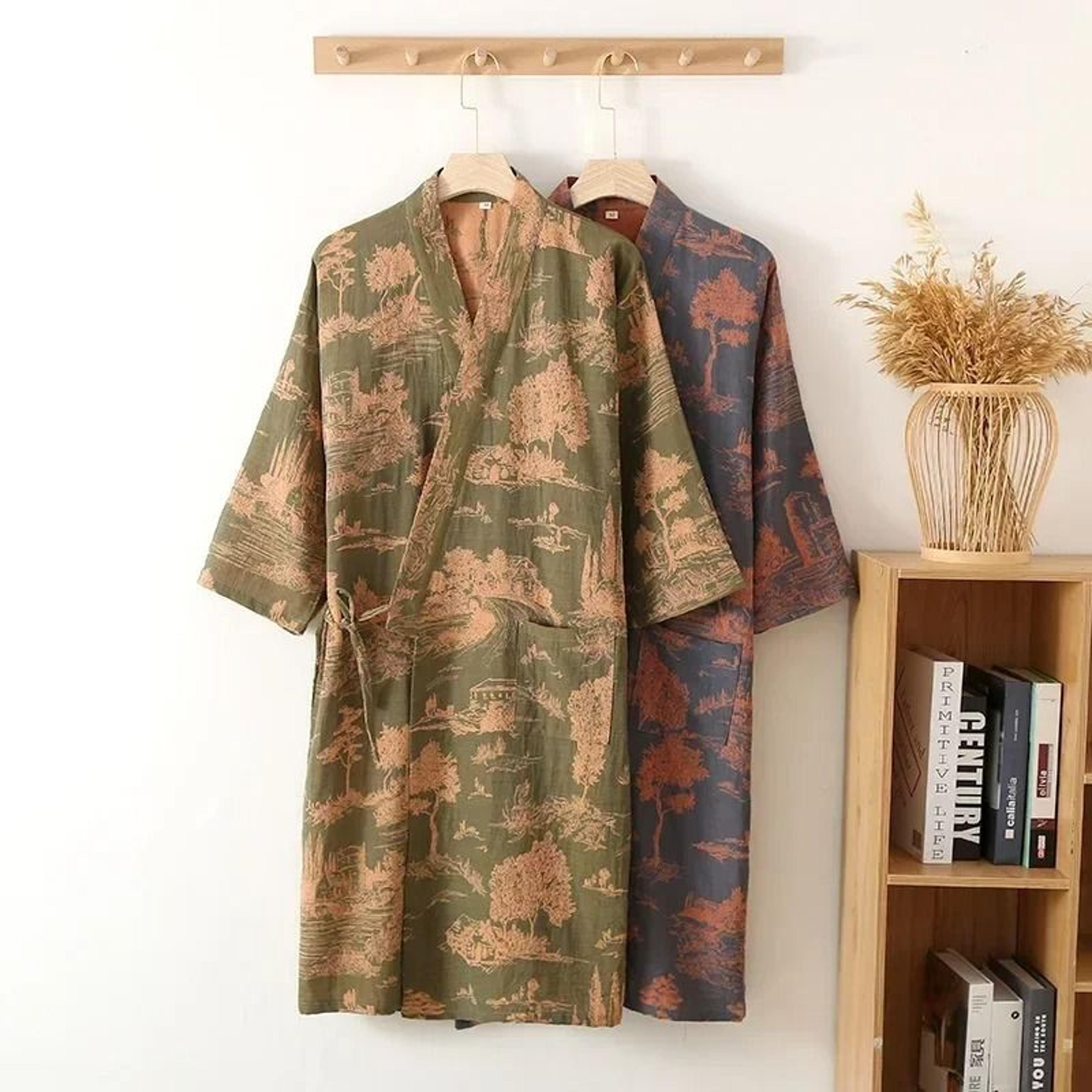 premium cotton printed kimono robe for men – professional long style blue-green bathrobe