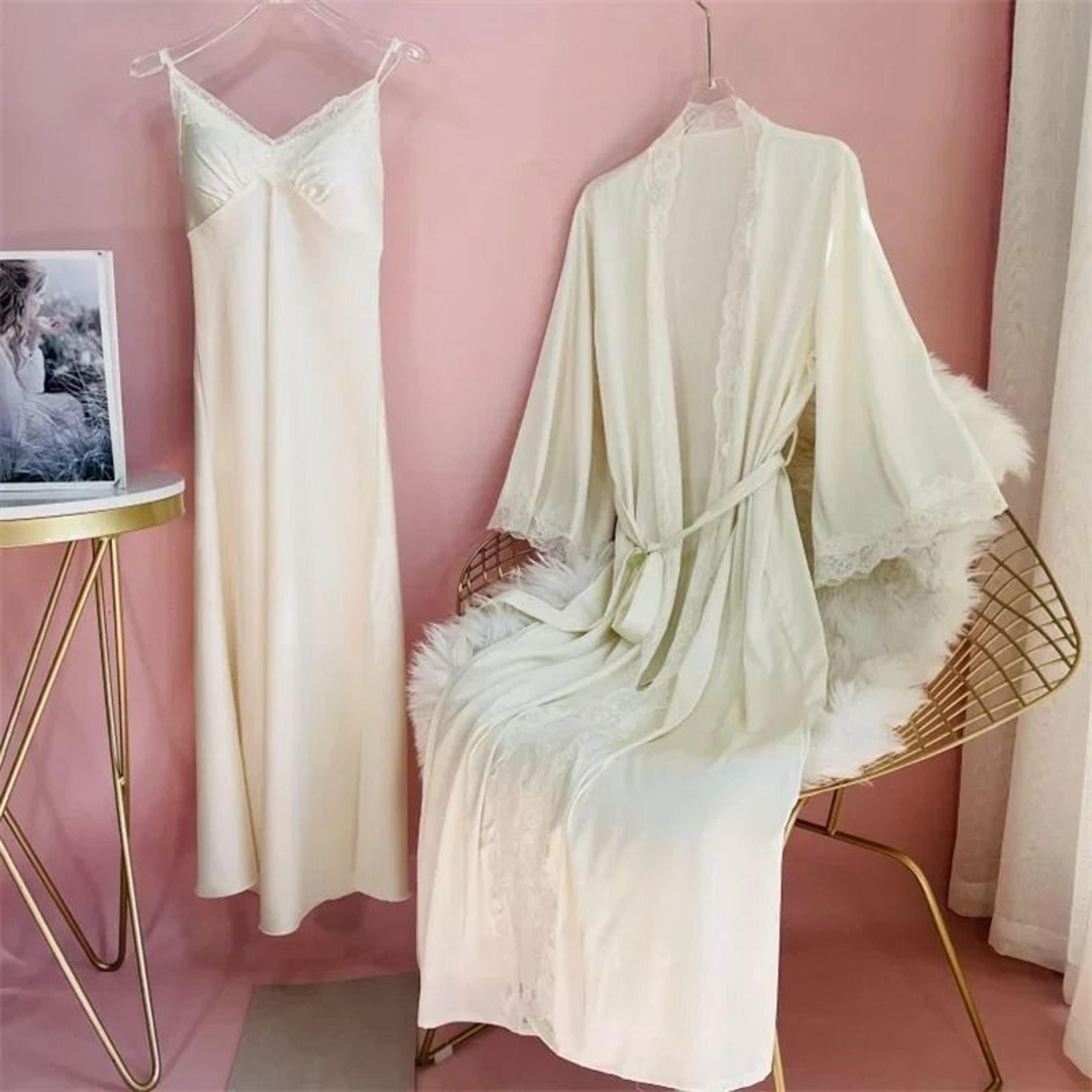 sexy lace trim female long robe set – professional satin suspender nightdress & casual summer bathrobe