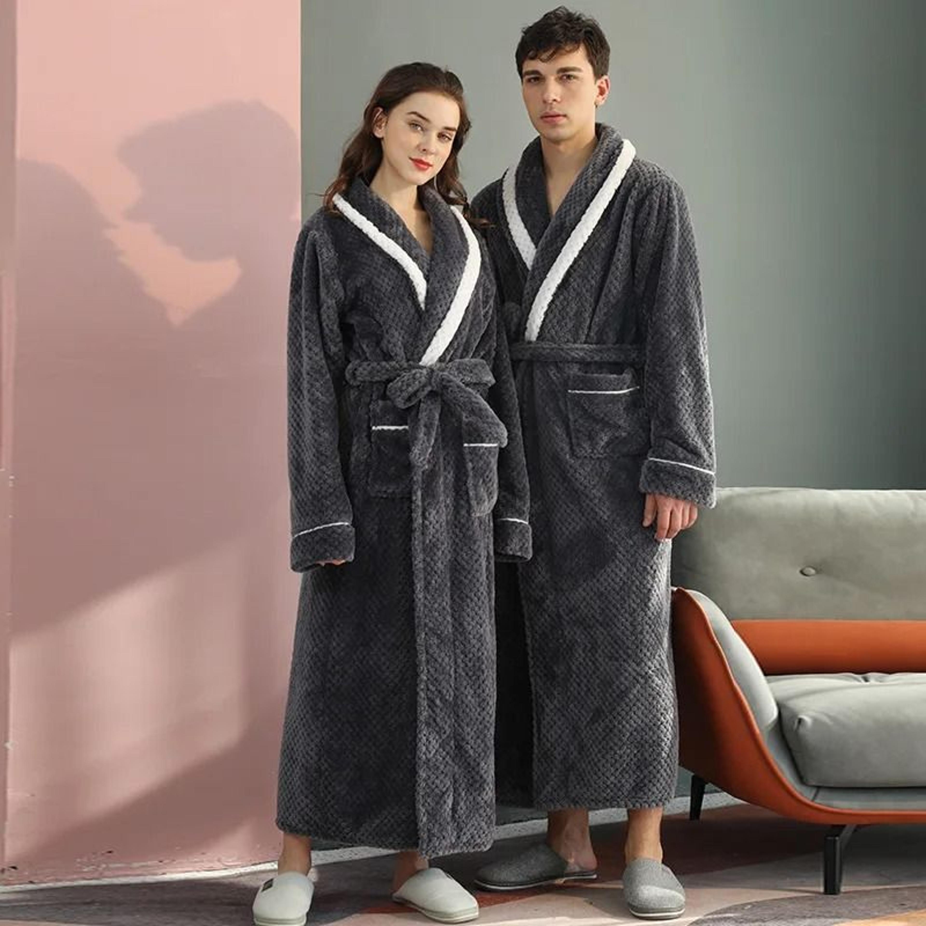 winter lovers solid flannel thicken robe set – professional couples bathrobe & warm intimate lingerie