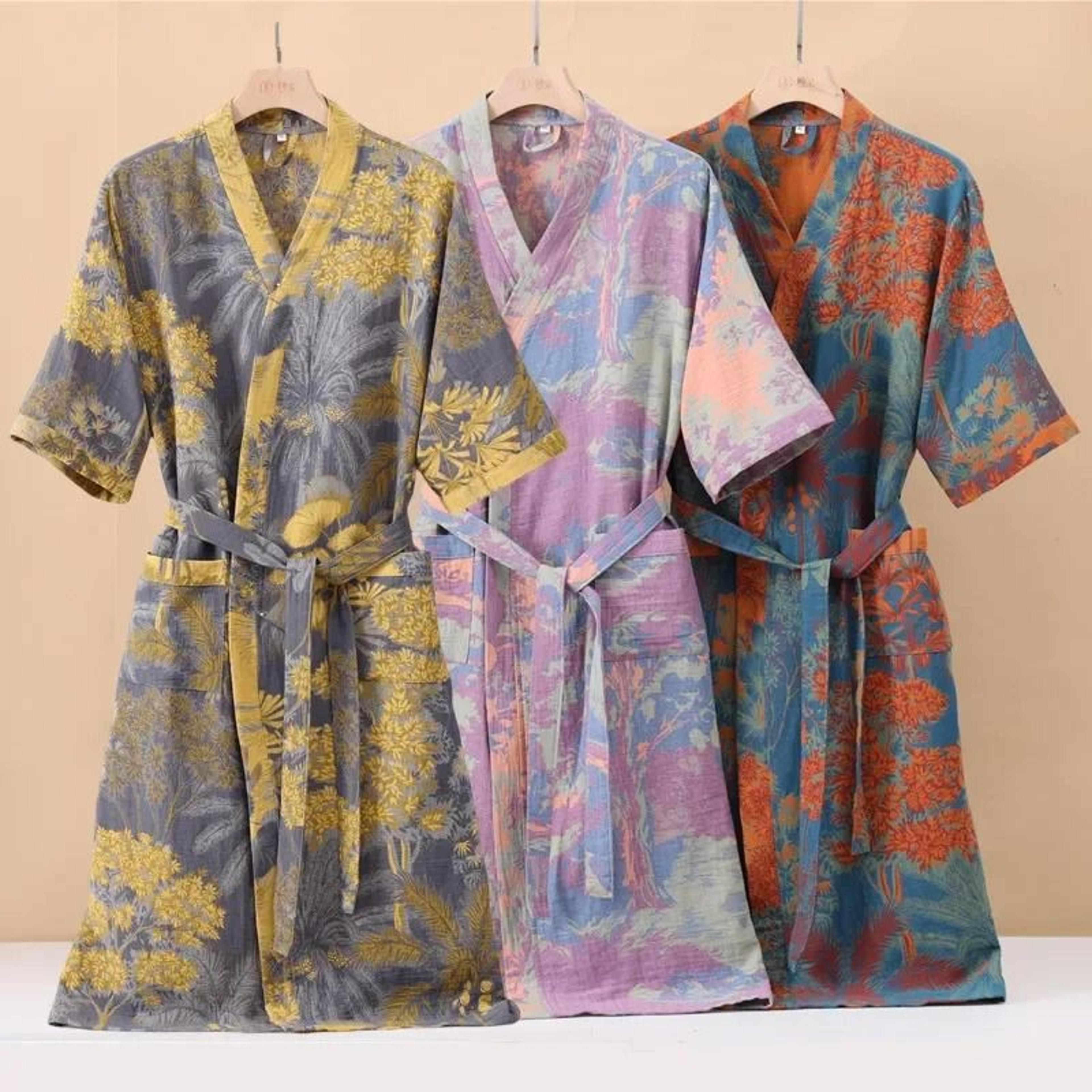 fashionable printed cotton kimono robe – professional thin spring/summer absorbent home wear