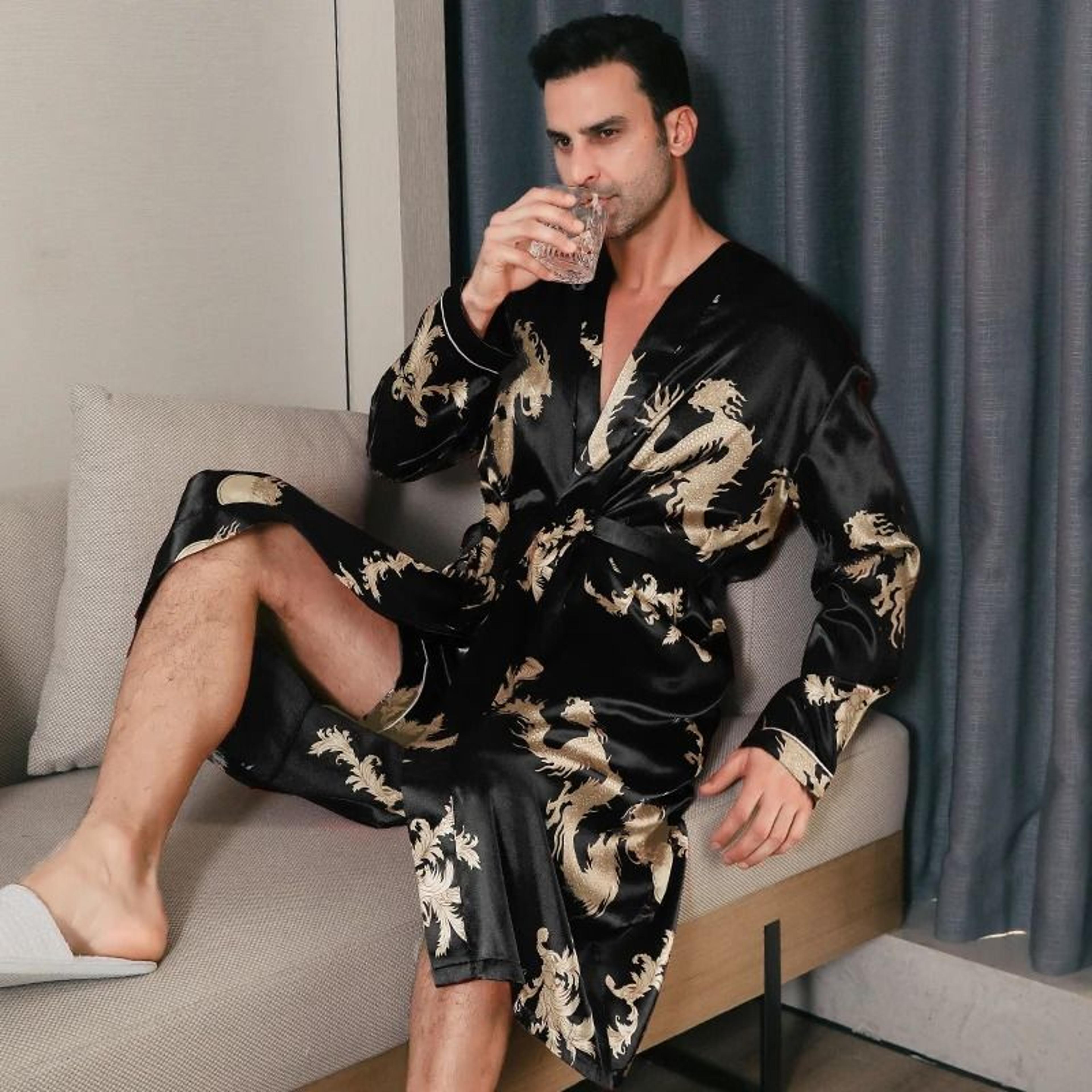 mens ice silk oversized bathrobe – professional long-sleeved spring/autumn nightgown & summer home clothing