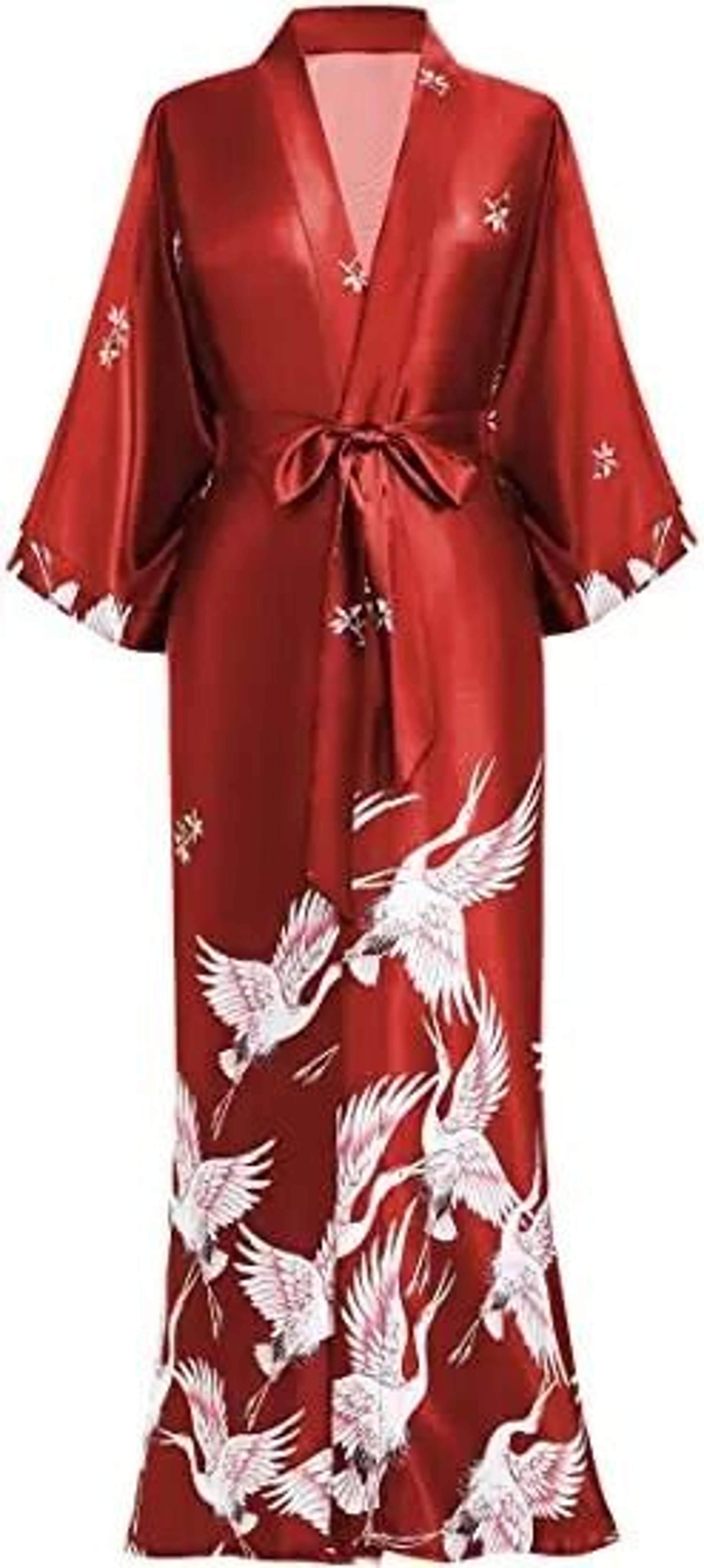 print crane lady kimono bathrobe – professional satin wedding robe & soft v-neck novelty nightgown