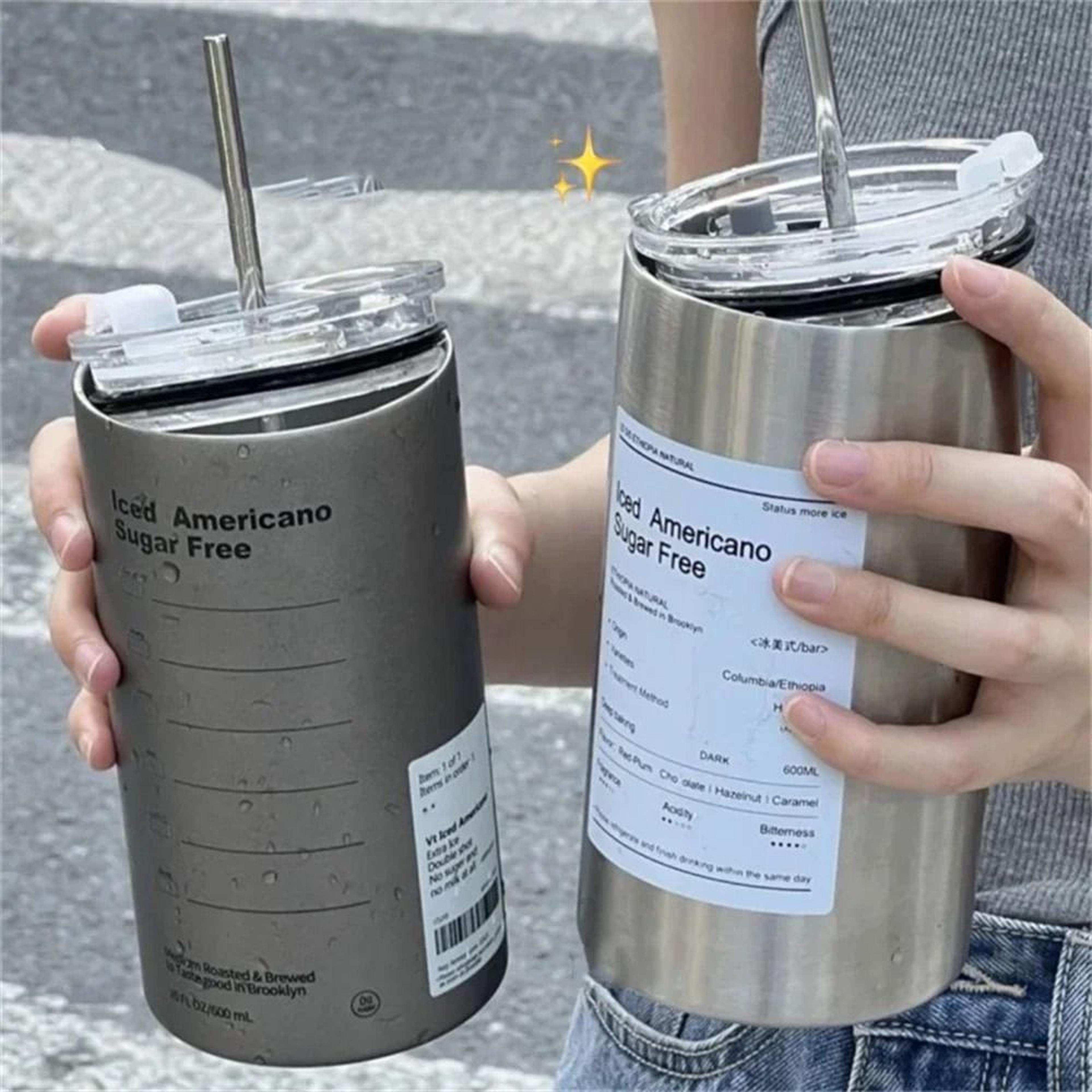 portable 600ml thermos cup 304 stainless steel coffee mug leak-proof water bottle with straw
