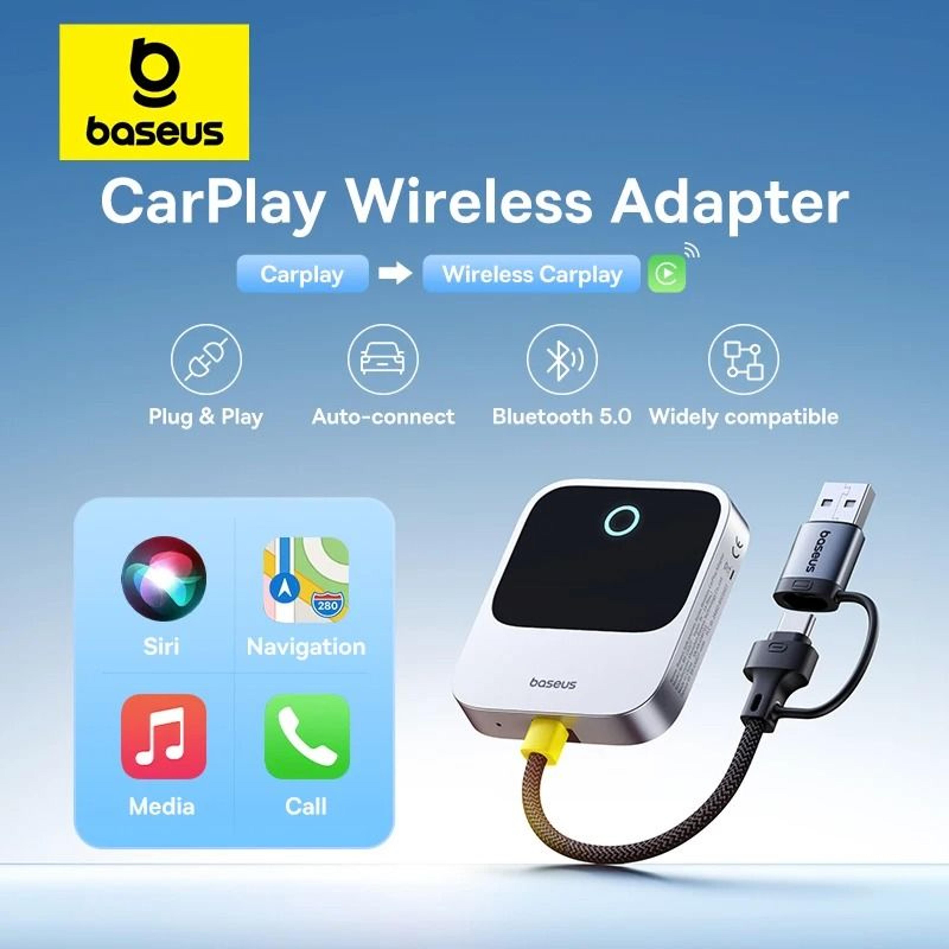 baseus wireless carplay adapter | wired to wireless plug & play bluetooth smart auto connect system