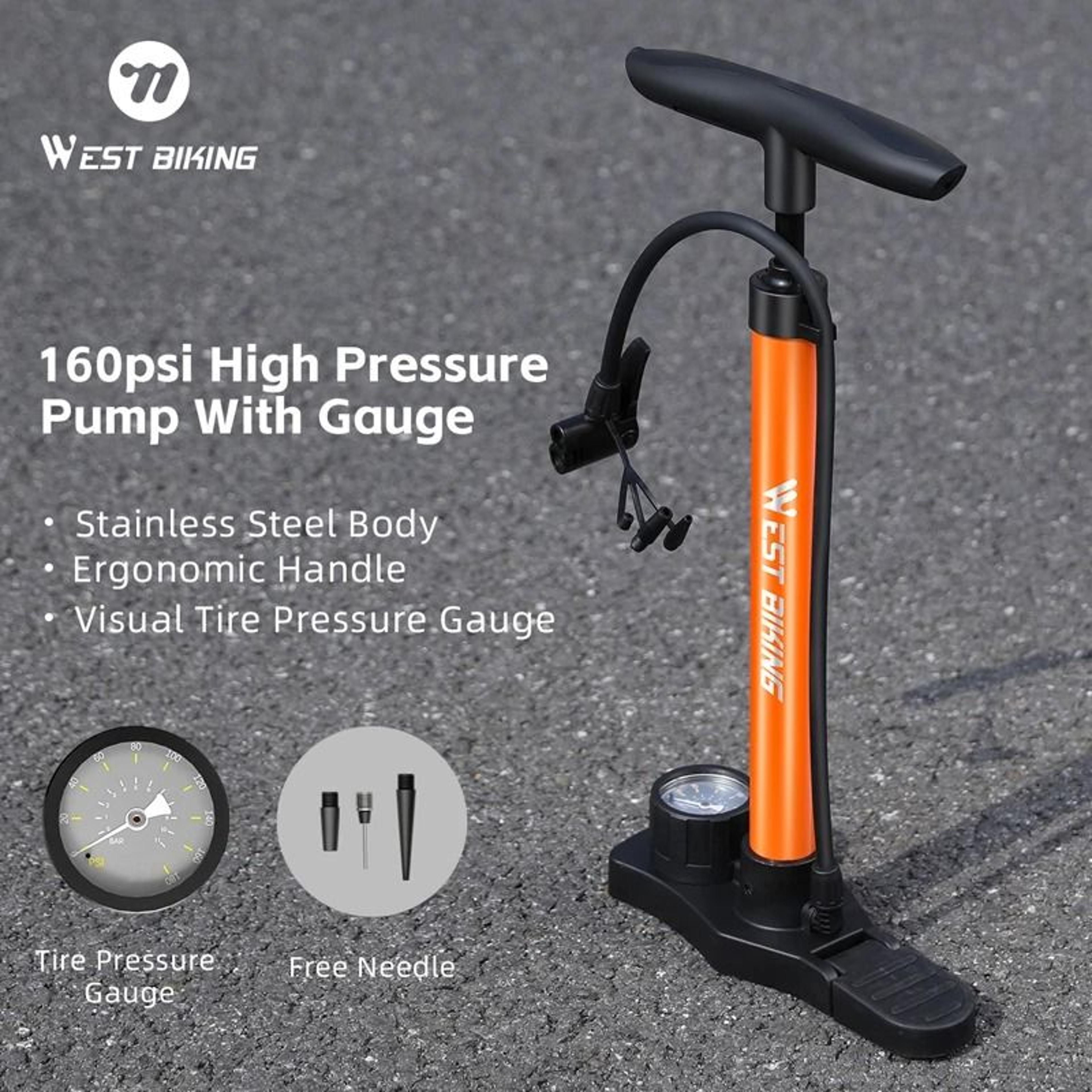 west biking high-pressure floor pump | 160psi portable stainless steel inflator with precision gauge