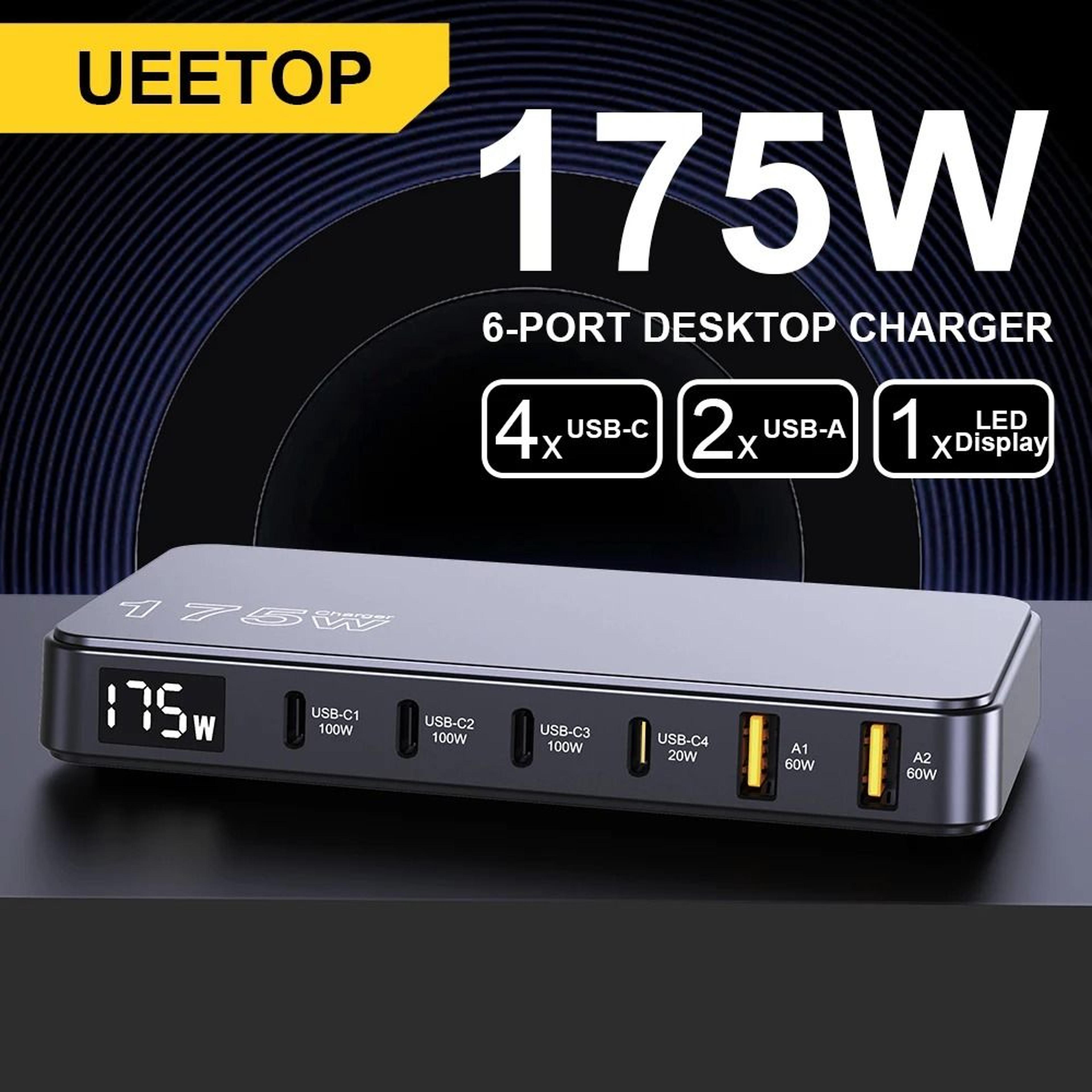 ueetop 175w gan 6-port desktop charger | ultra-slim fast charging station with led display