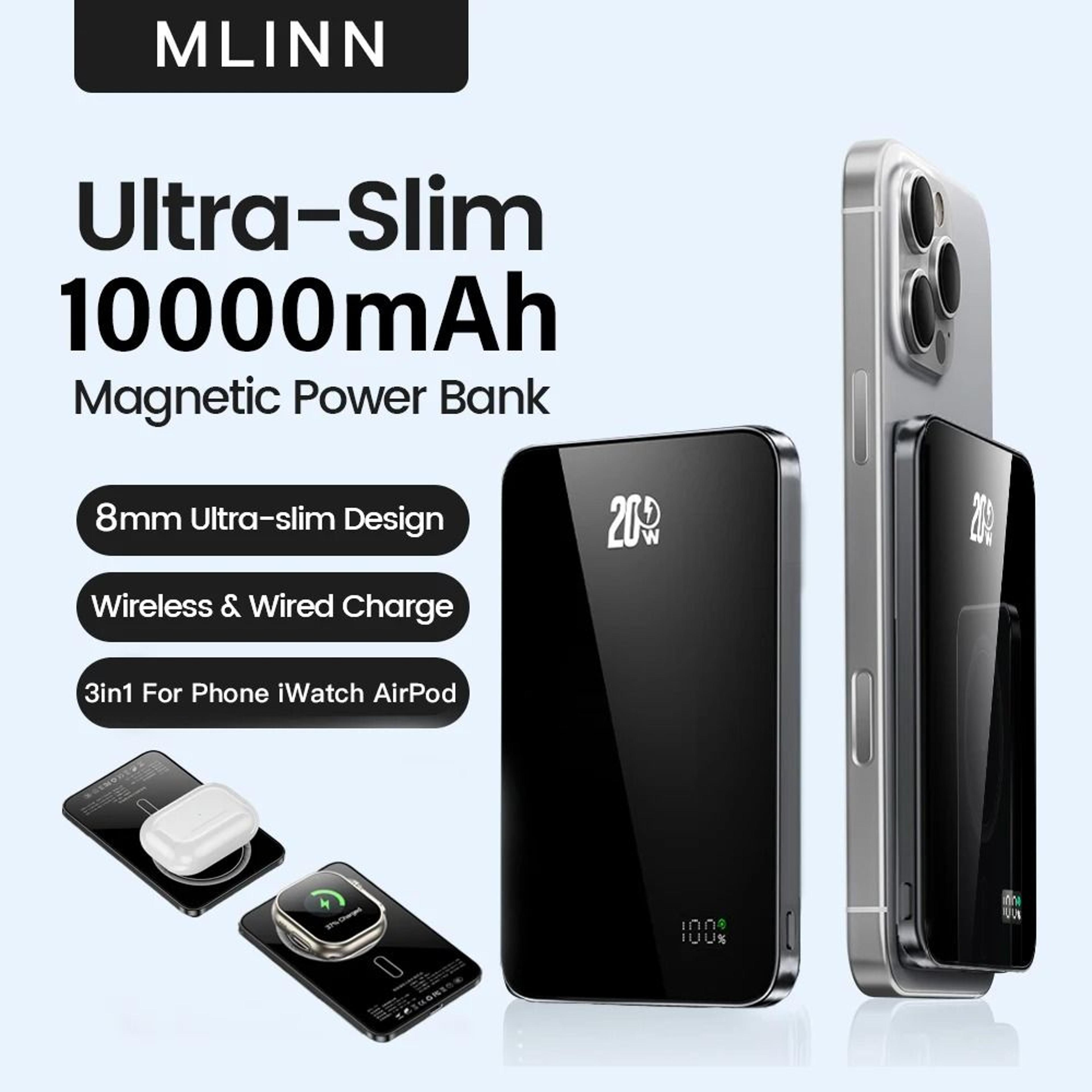 ultra-slim magnetic wireless power bank | 10000mah high-density portable battery for iphone 16 & apple watch