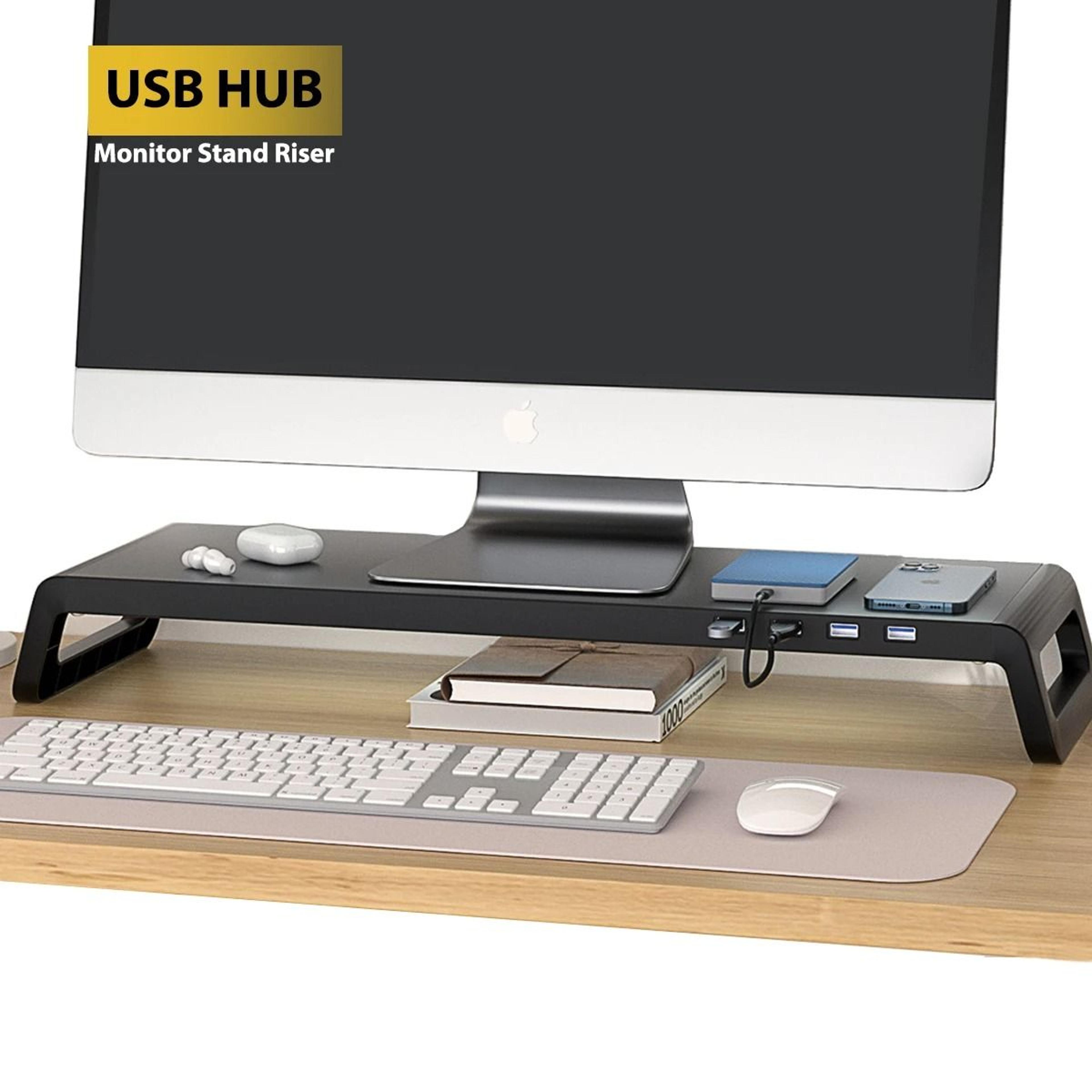 ergonomic computer monitor stand riser | desktop organizer with usb 3.0 hub & peripheral storage