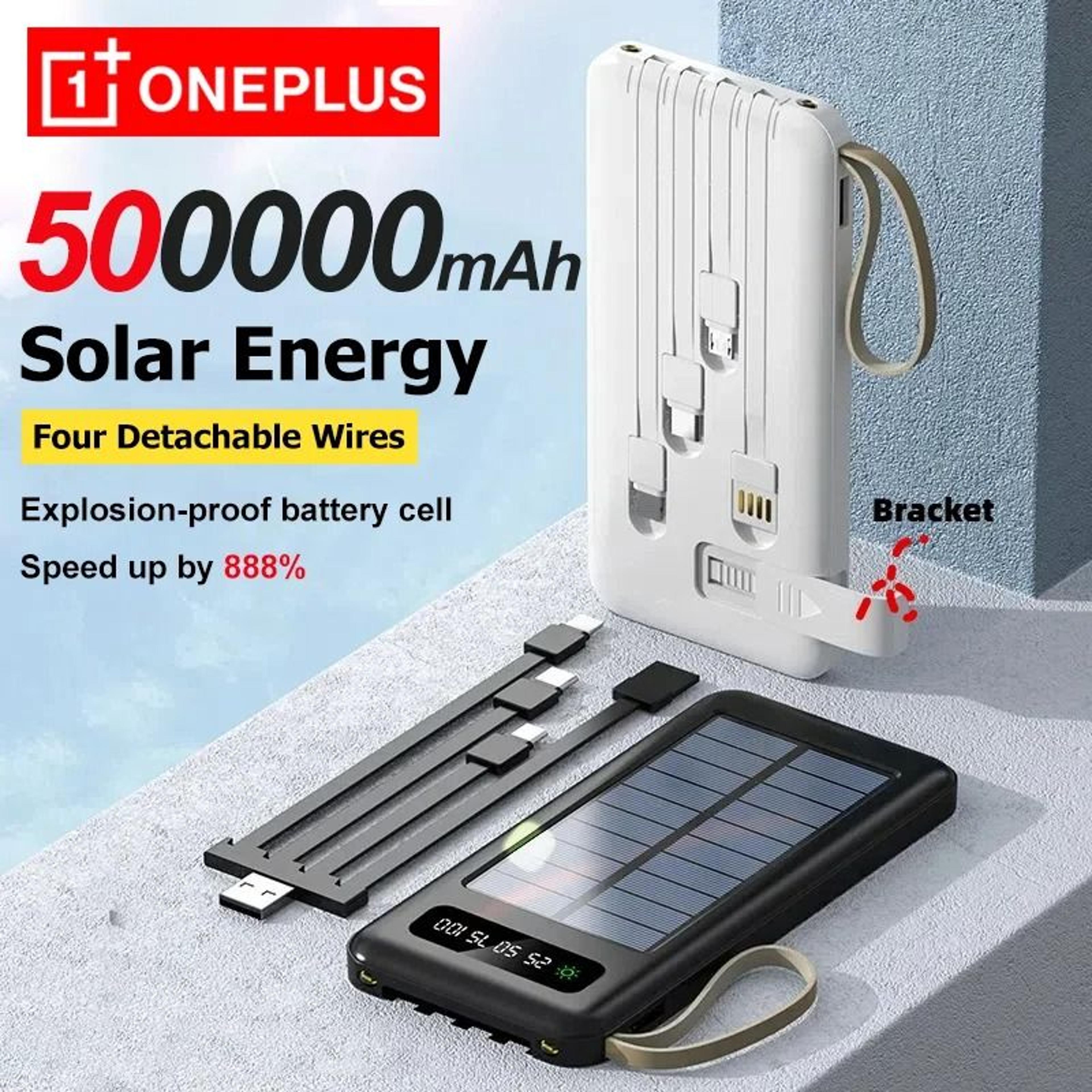 oneplus 50000mah solar power bank | high-capacity fast charging battery with 4 integrated cables