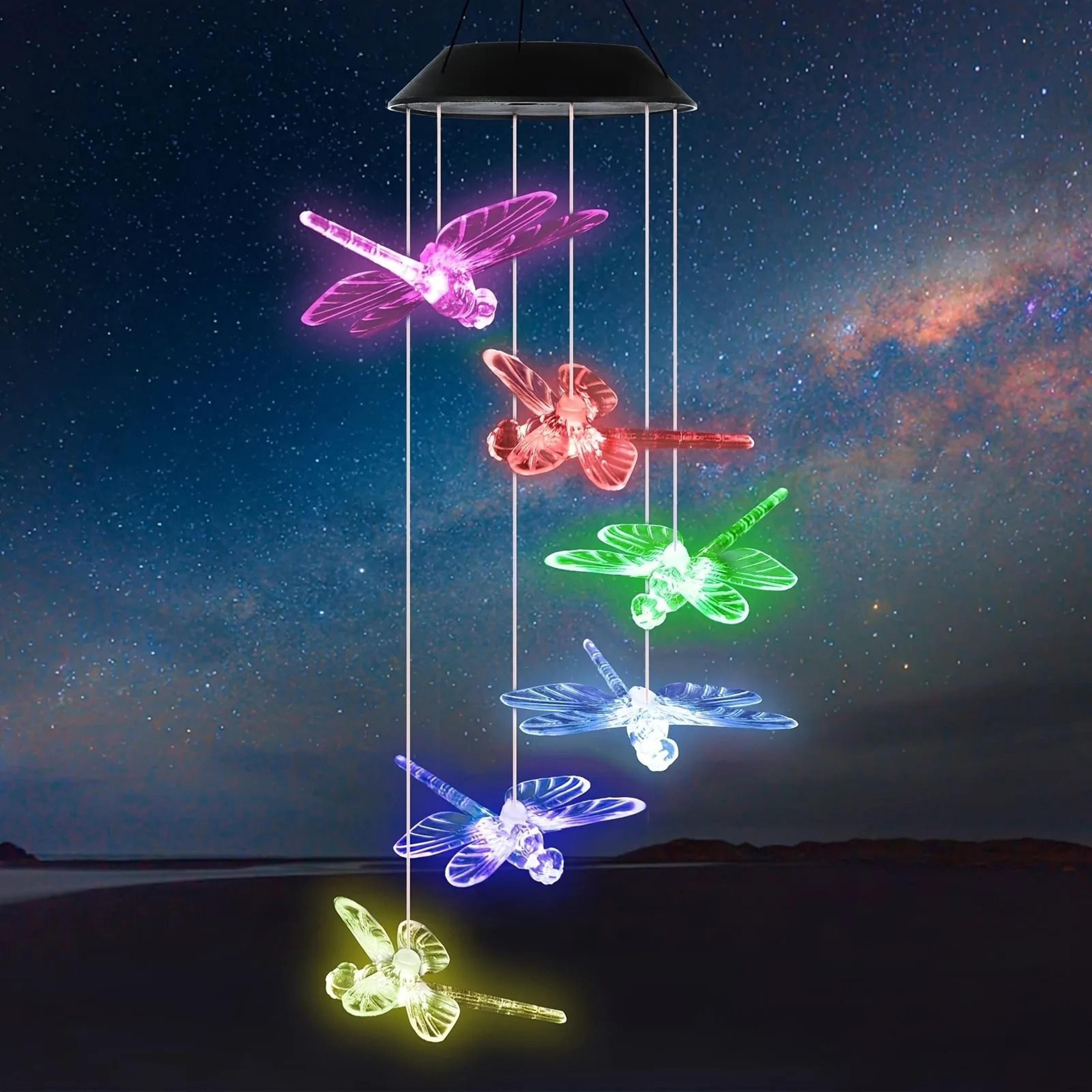 solar dragonfly wind chimes outdoor | waterproof color changing led memorial lights for patio & garden