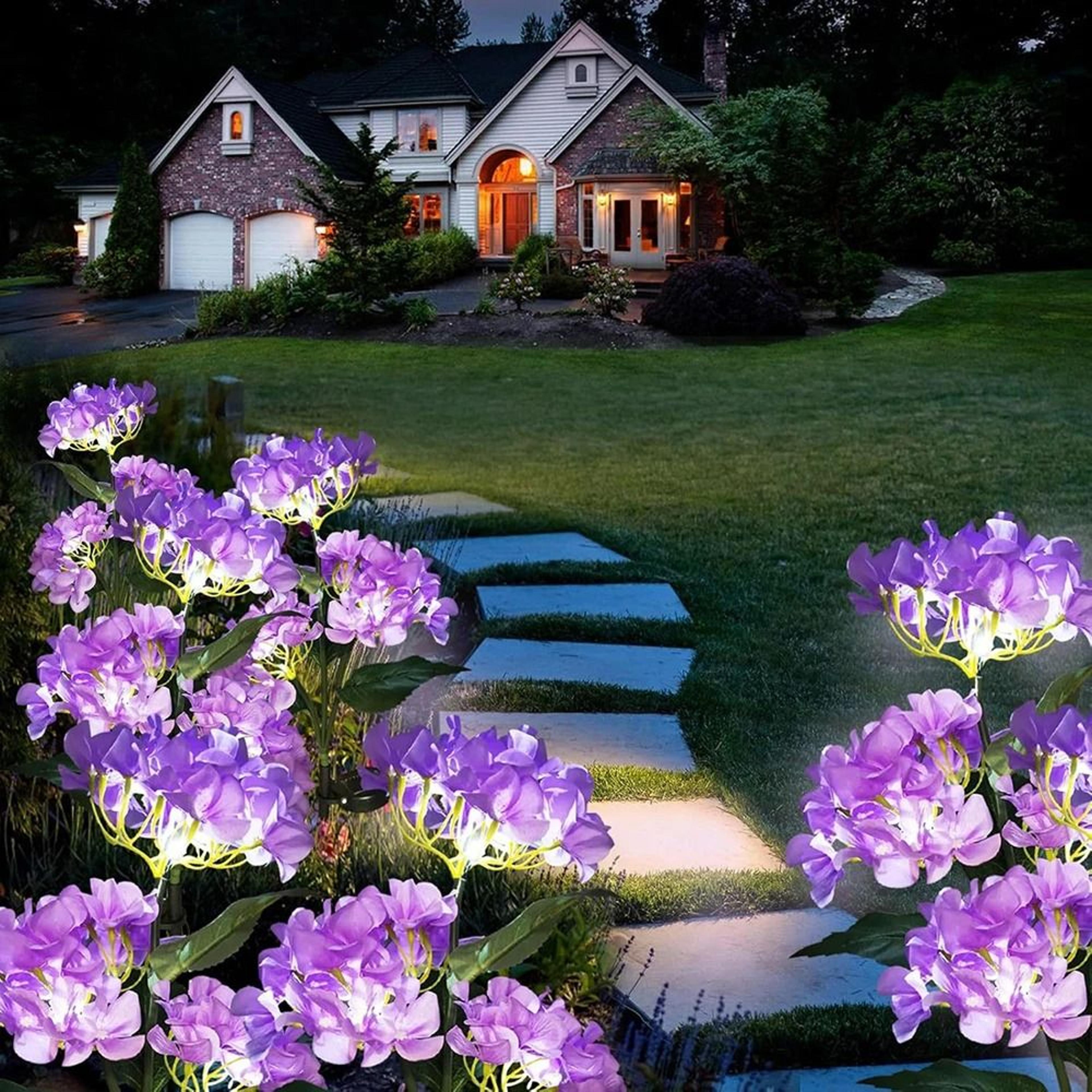 3-head solar hydrangea & rose garden lights | decorative led floral lamps for patios & lawns