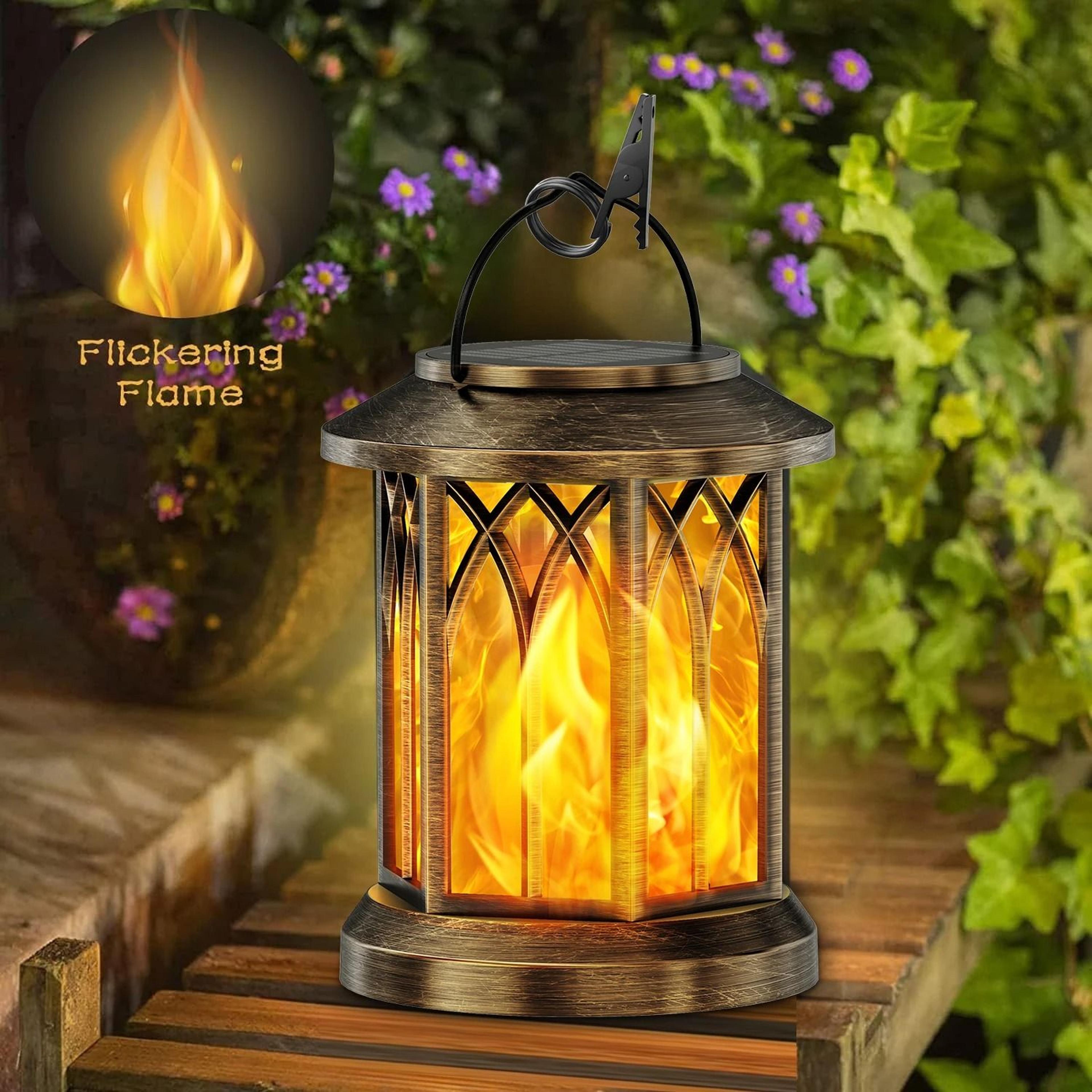 2-pack upgraded flickering flame solar lanterns | hanging outdoor garden lights in bronze & black