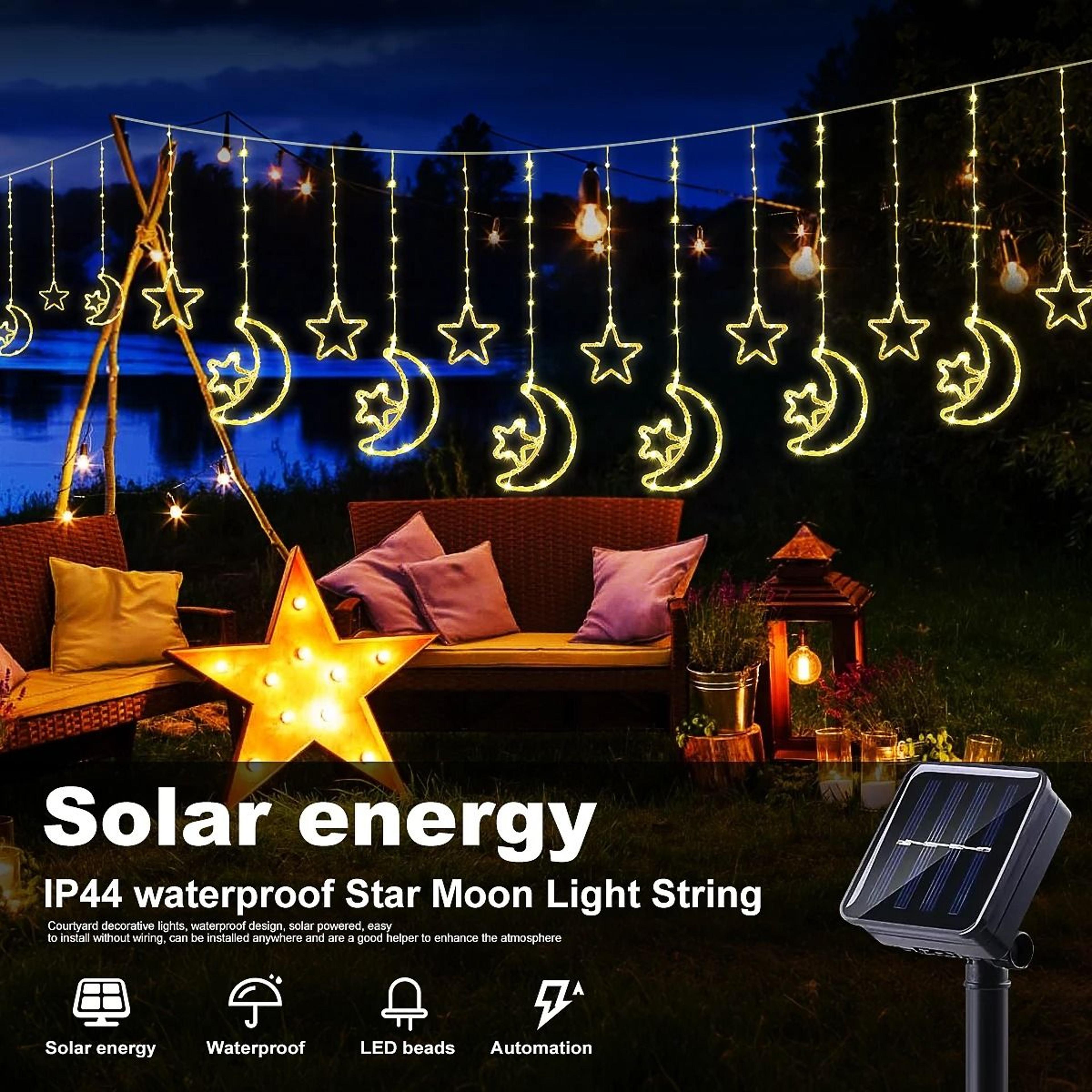 solar led moon & star curtain lights | waterproof outdoor string lights with 8 lighting modes