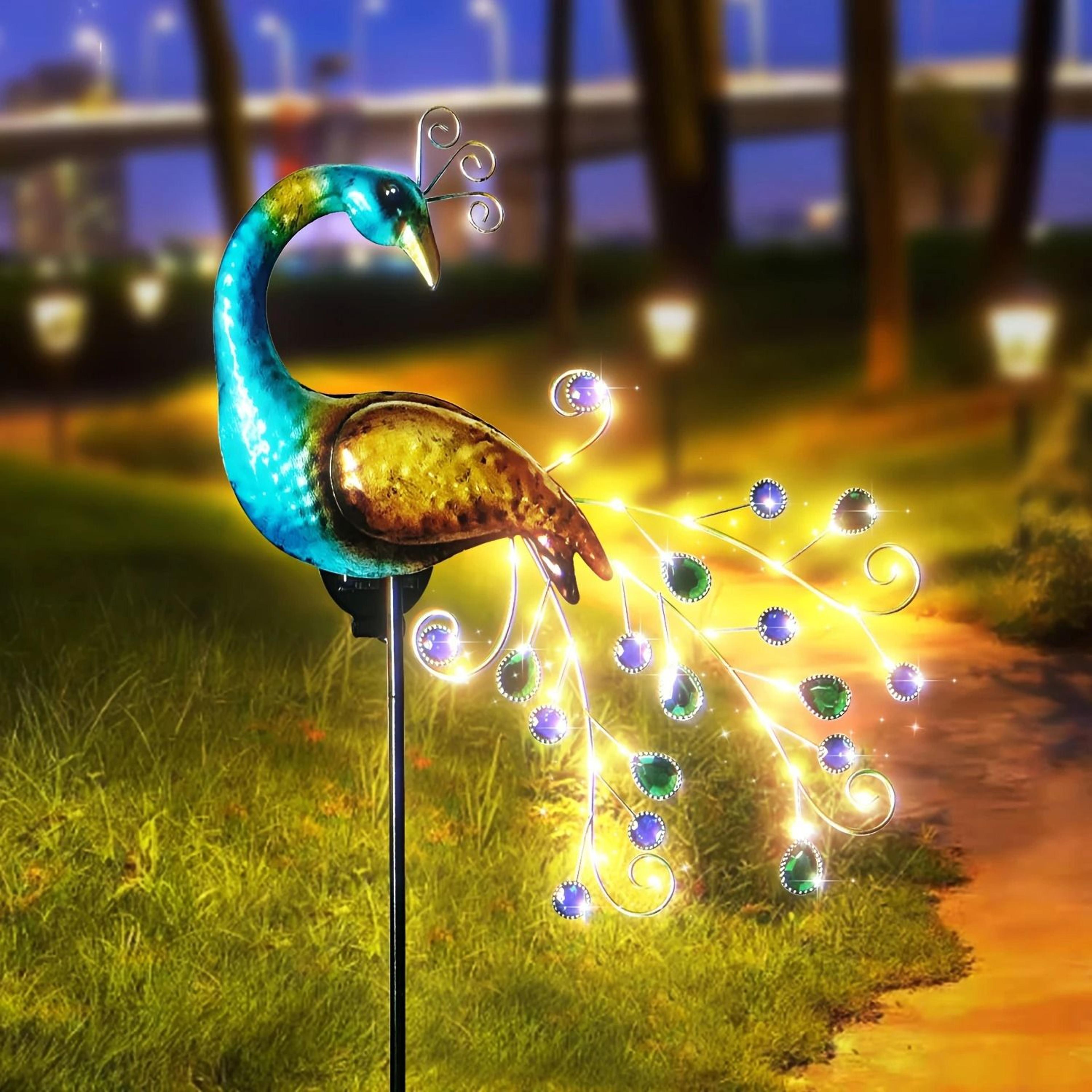 solar peacock garden stake light | decorative metal craft with artificial gems for outdoor paths