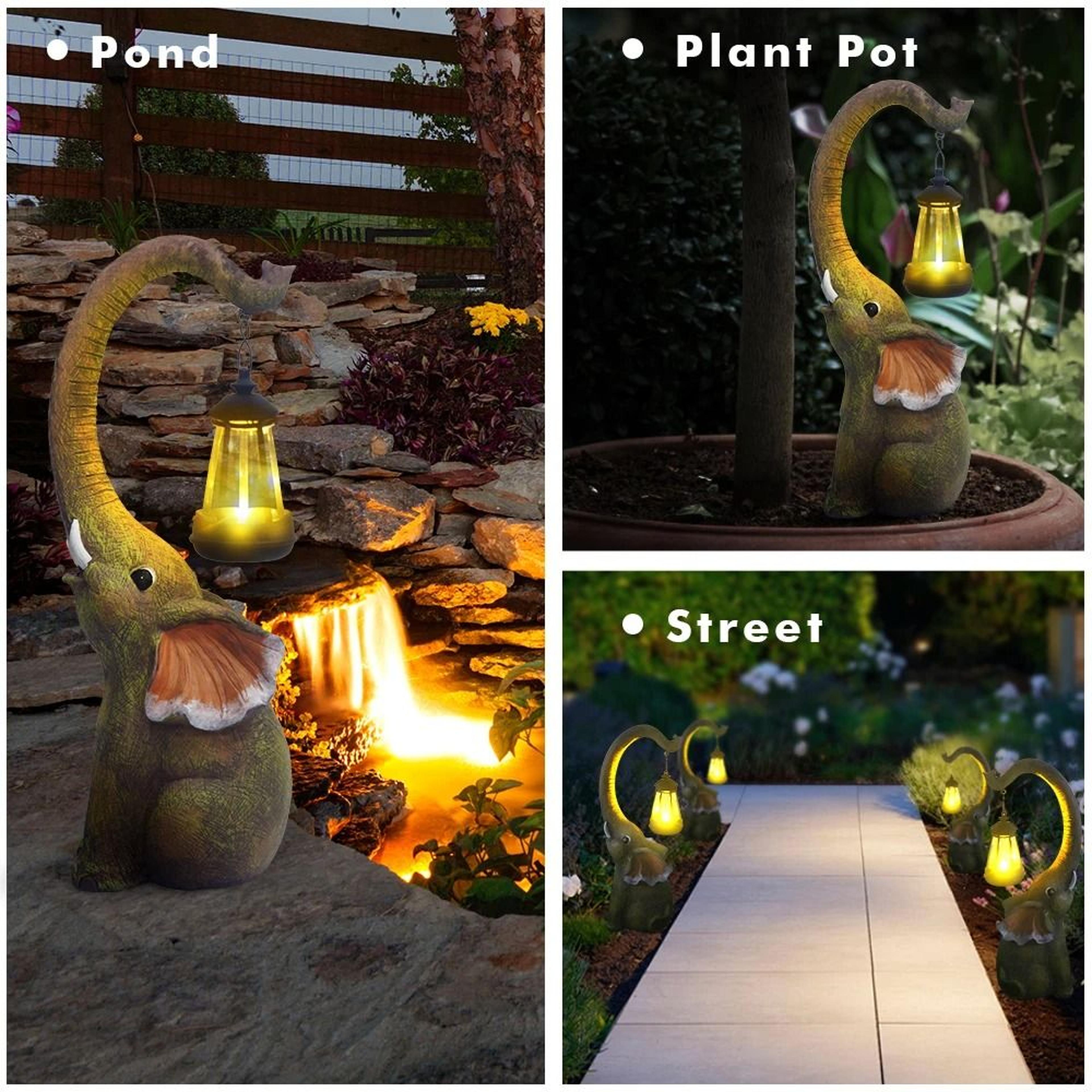 solar resin elephant statue garden light | retro waterproof landscape courtyard & patio walkway lamp