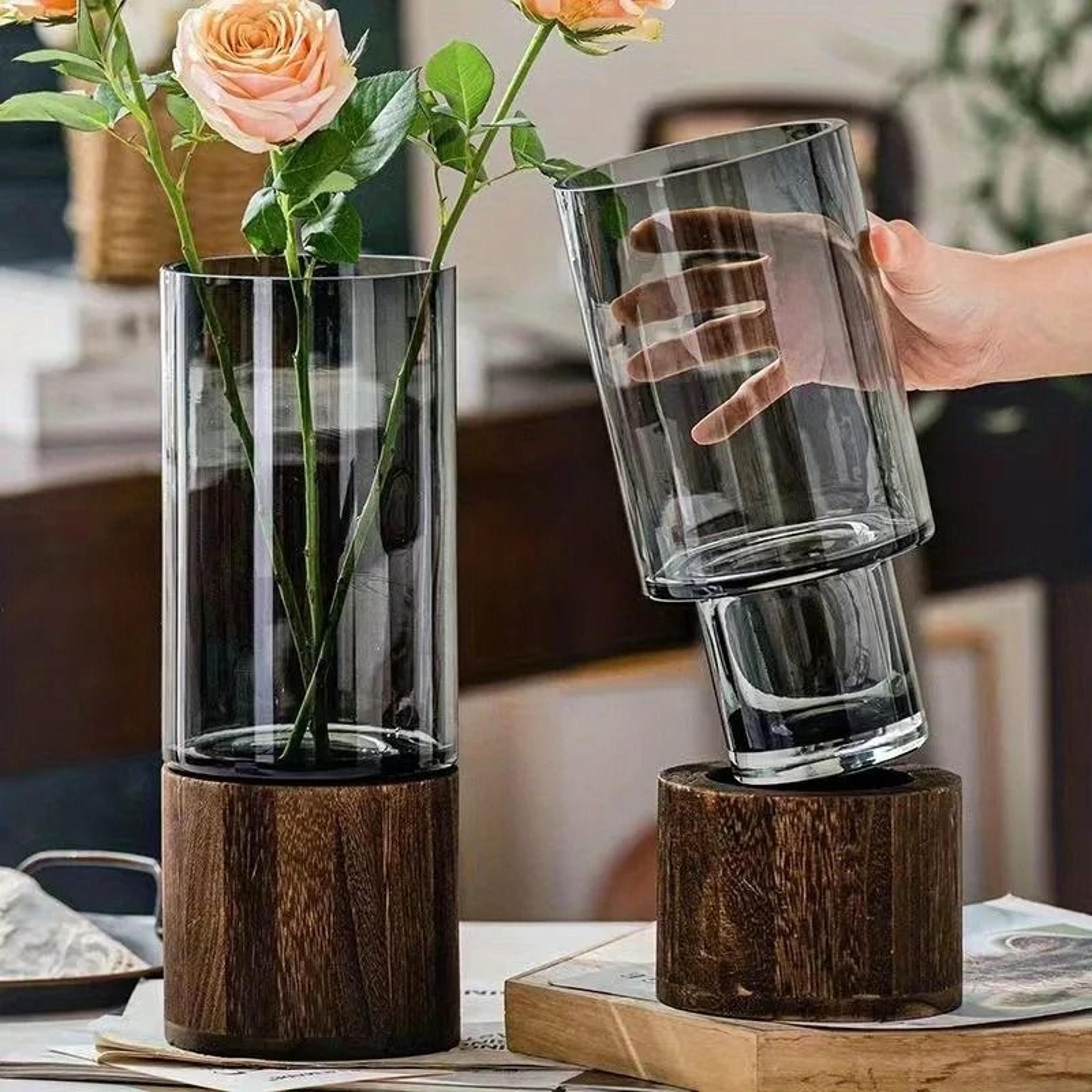 nordic style elegant glass vase | premium smoked glass with solid wooden base | modern tabletop floral decor