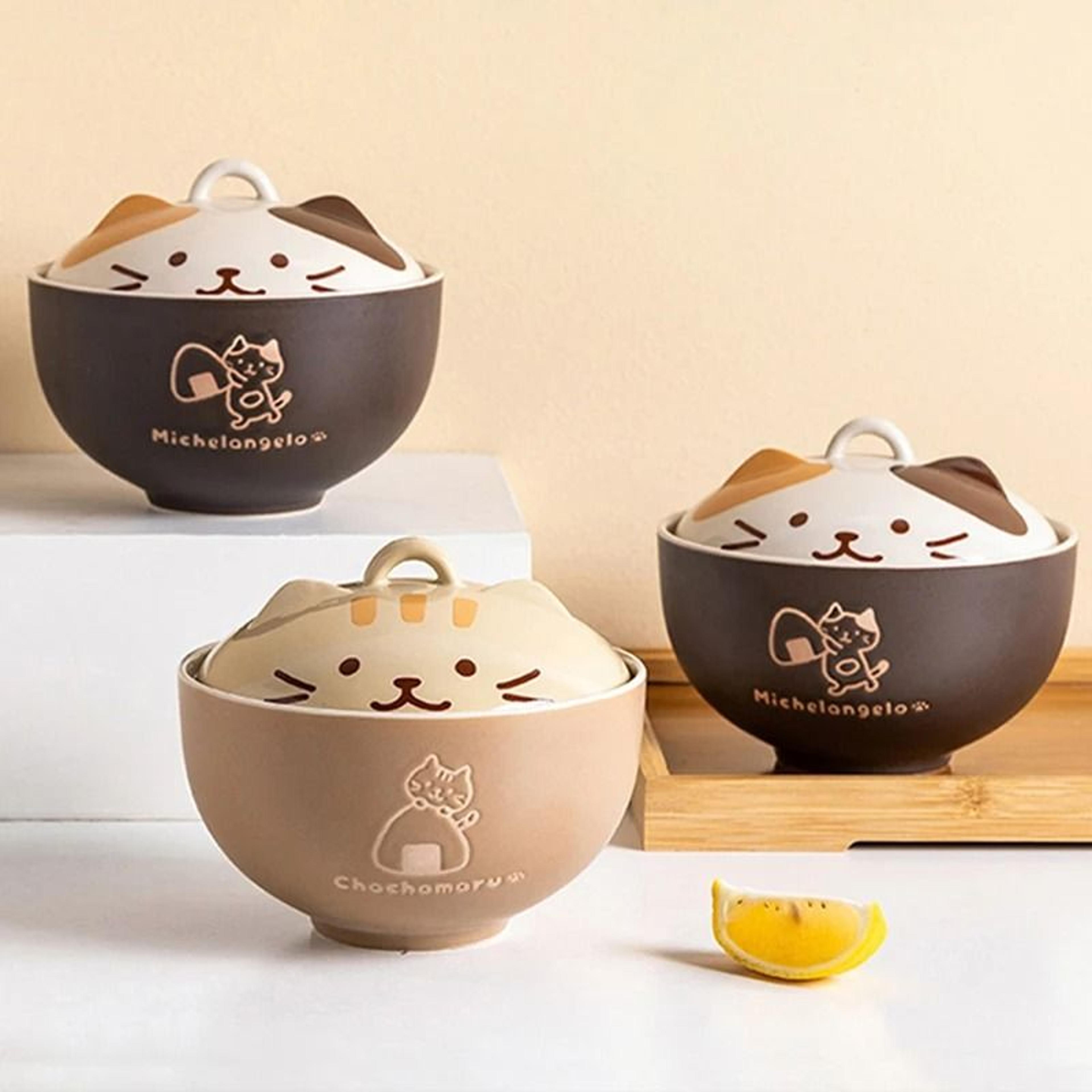 550ml cartoon cat ceramic instant noodle bowl | premium underglaze color soup & salad bowl with lid
