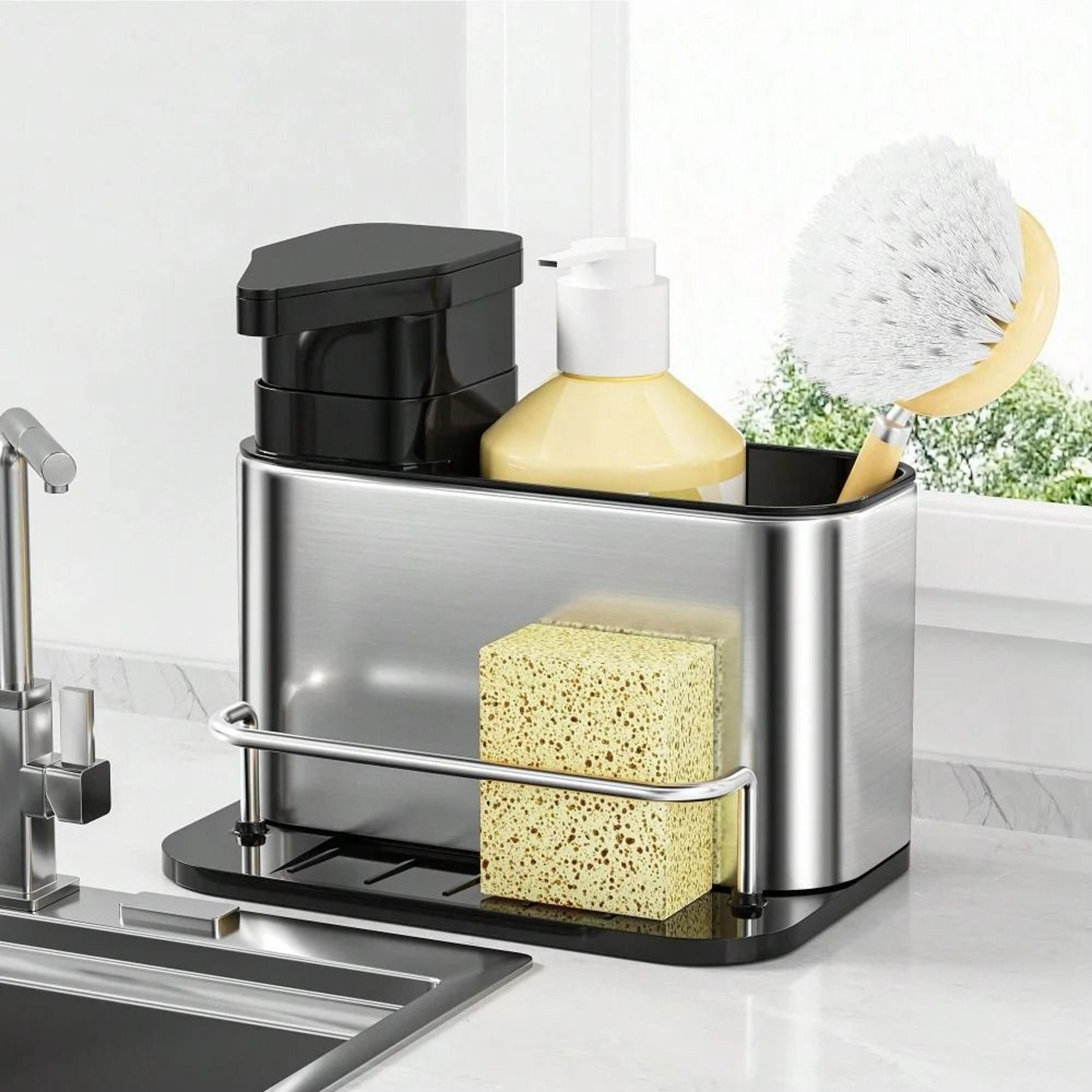 3-in-1 kitchen stainless steel soap dispenser and sink organizer | professional tableware drain rack