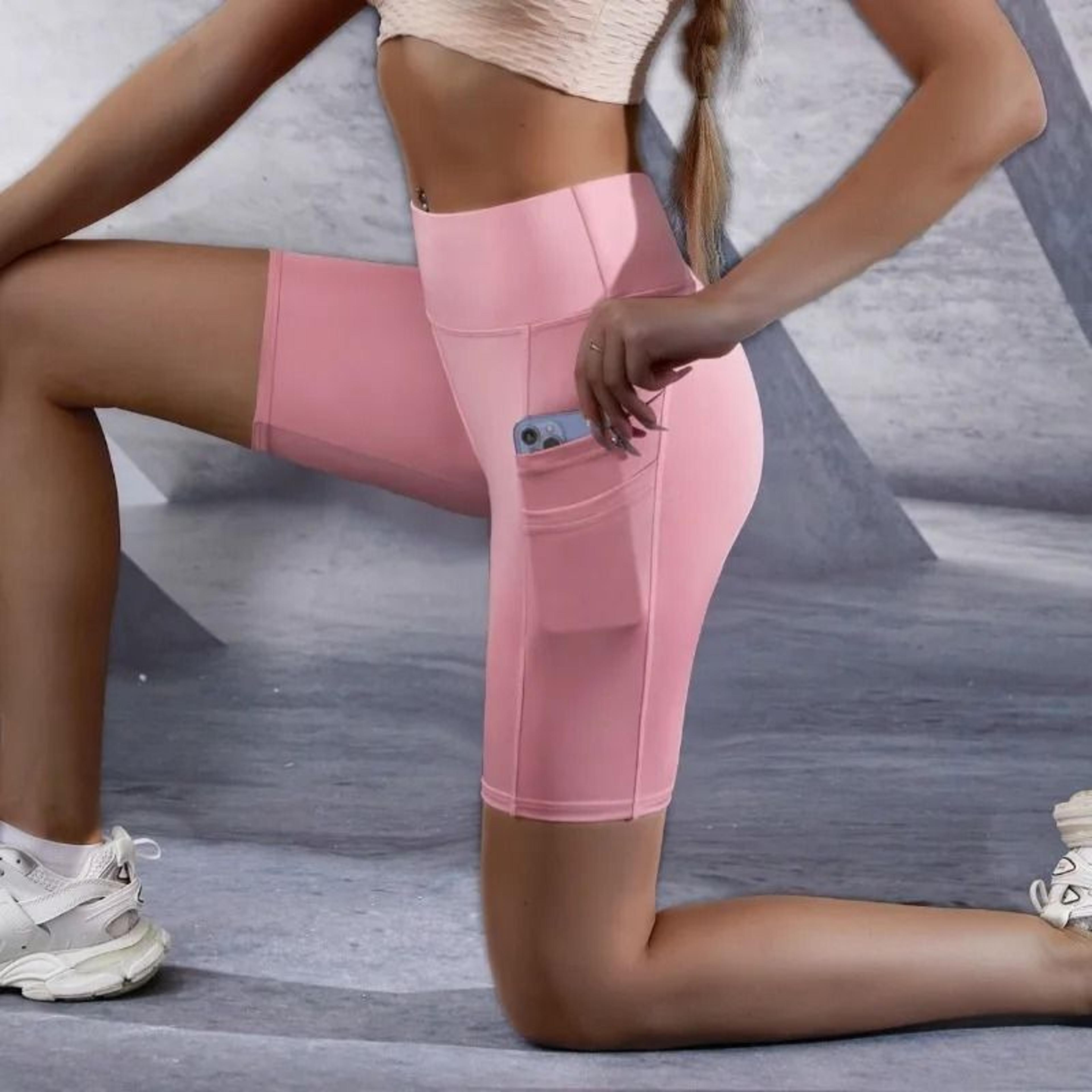 womens double pocket sports shorts | high waist elastic slim fitness shorts for gym & yoga