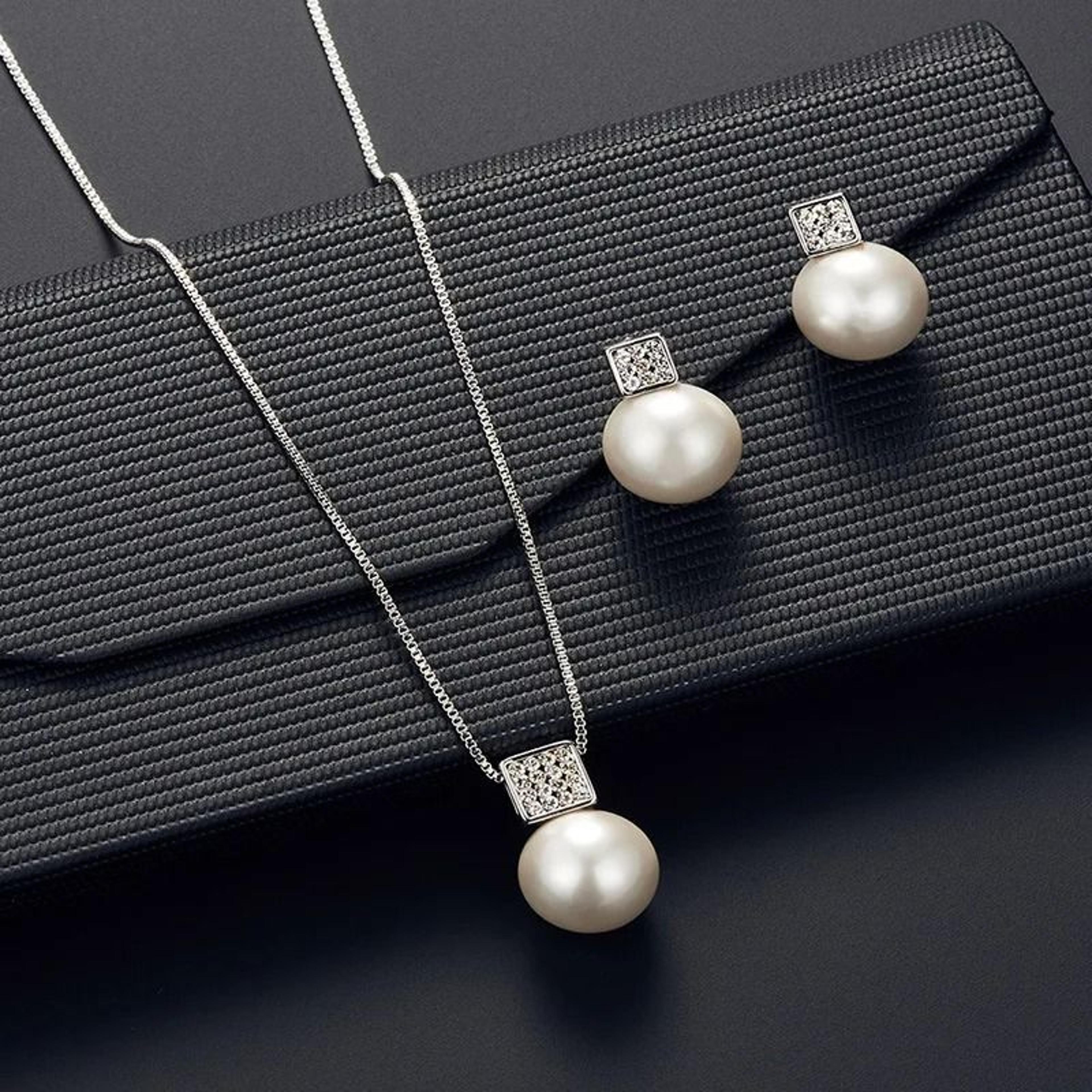 2 pcs imitation pearl pendant necklace and earring stud set silver color snake chain crystal jewelry