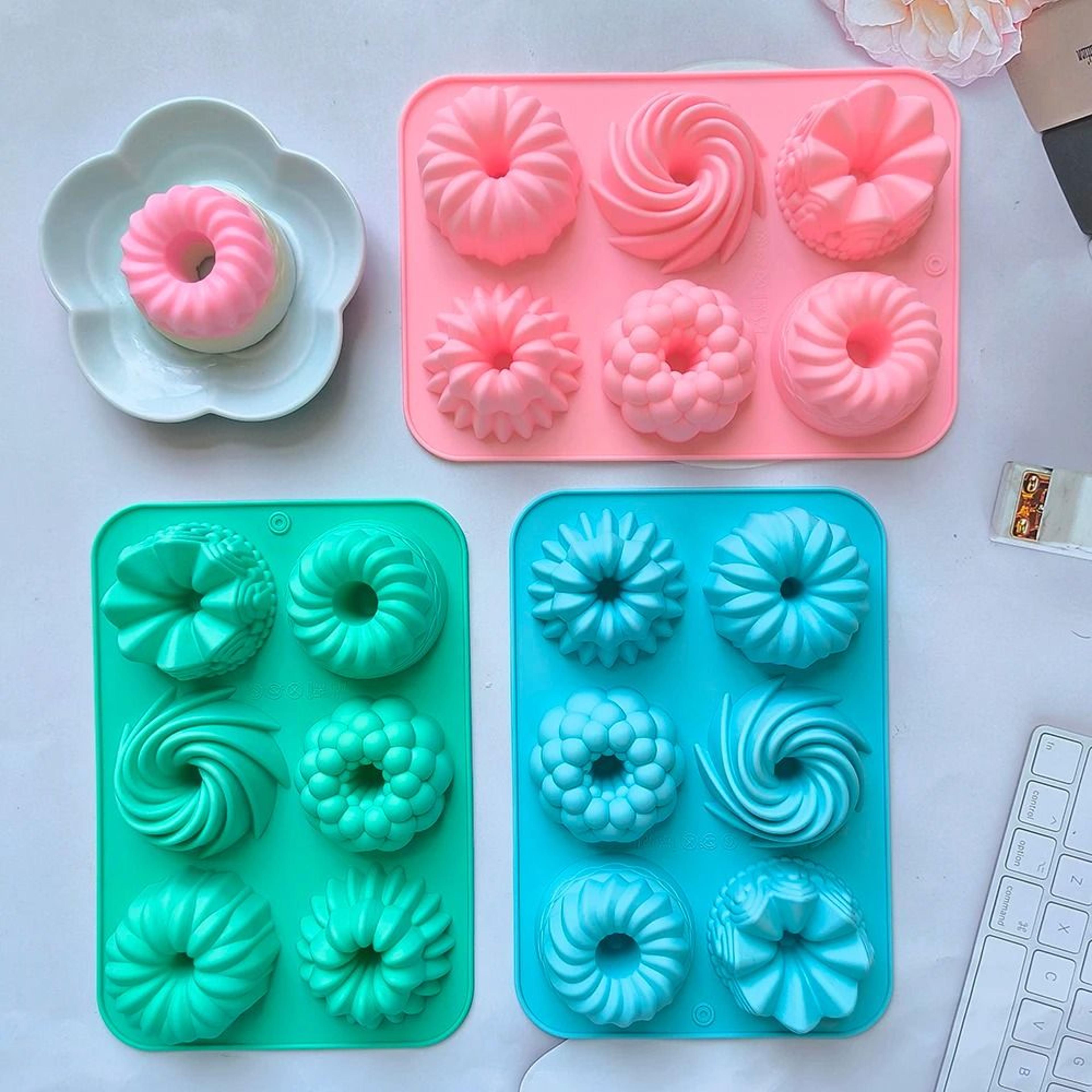 6-cavity silicone donut baking molds multicolor swirl and flower shaped doughnut pans