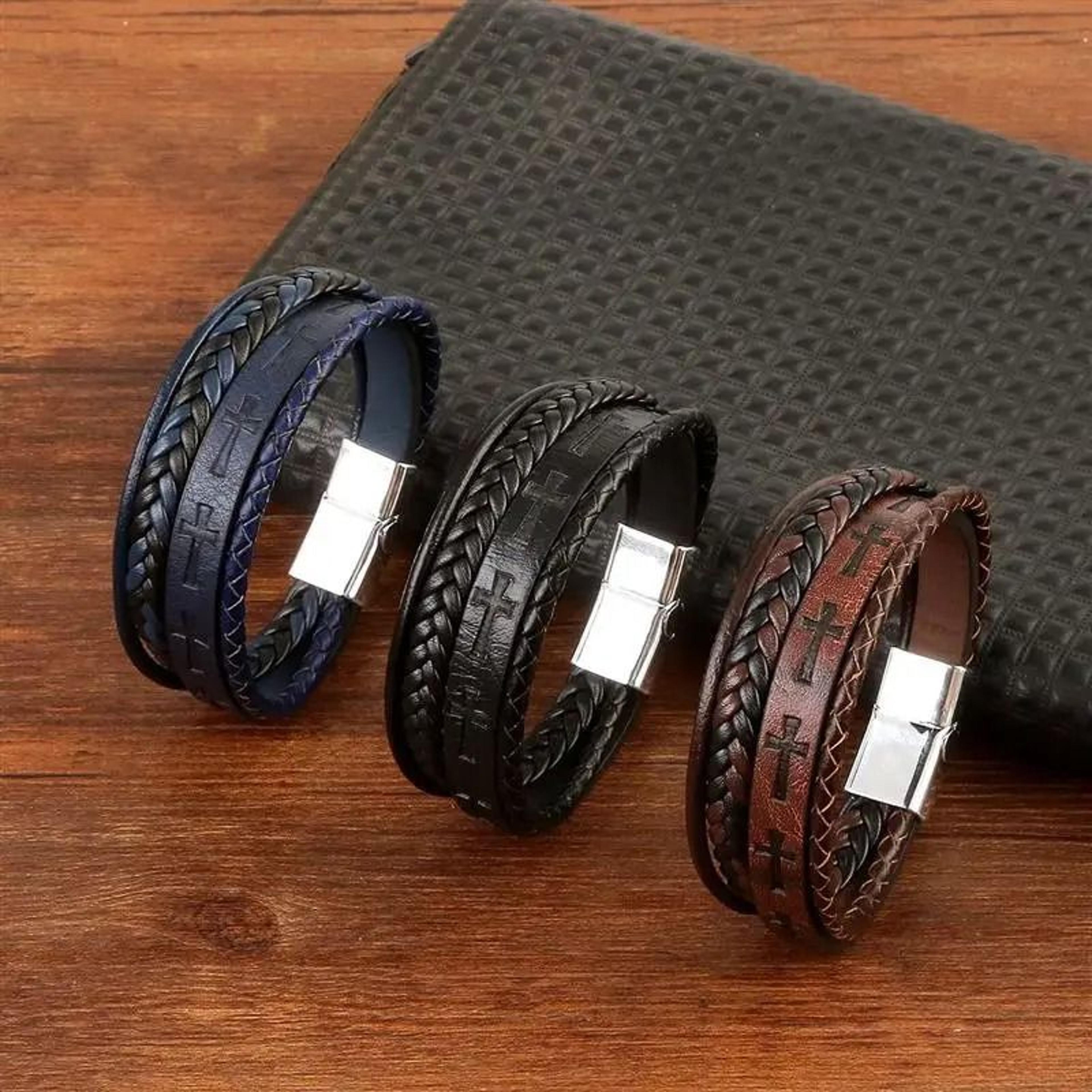 vintage handwoven men's leather bracelet with cross logo hip-hop punk jewelry gift