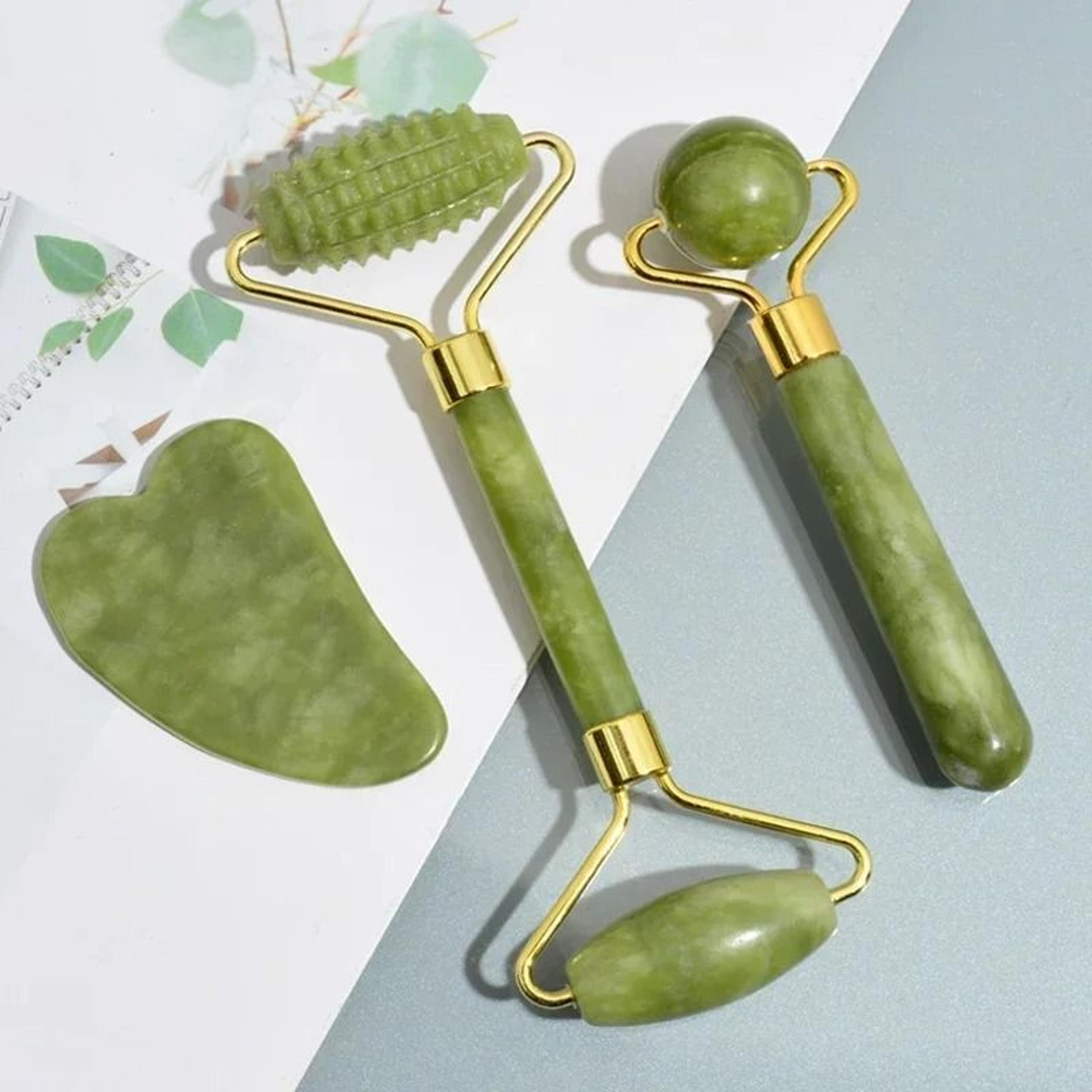 natural jade facial roller and gua sha body massager set