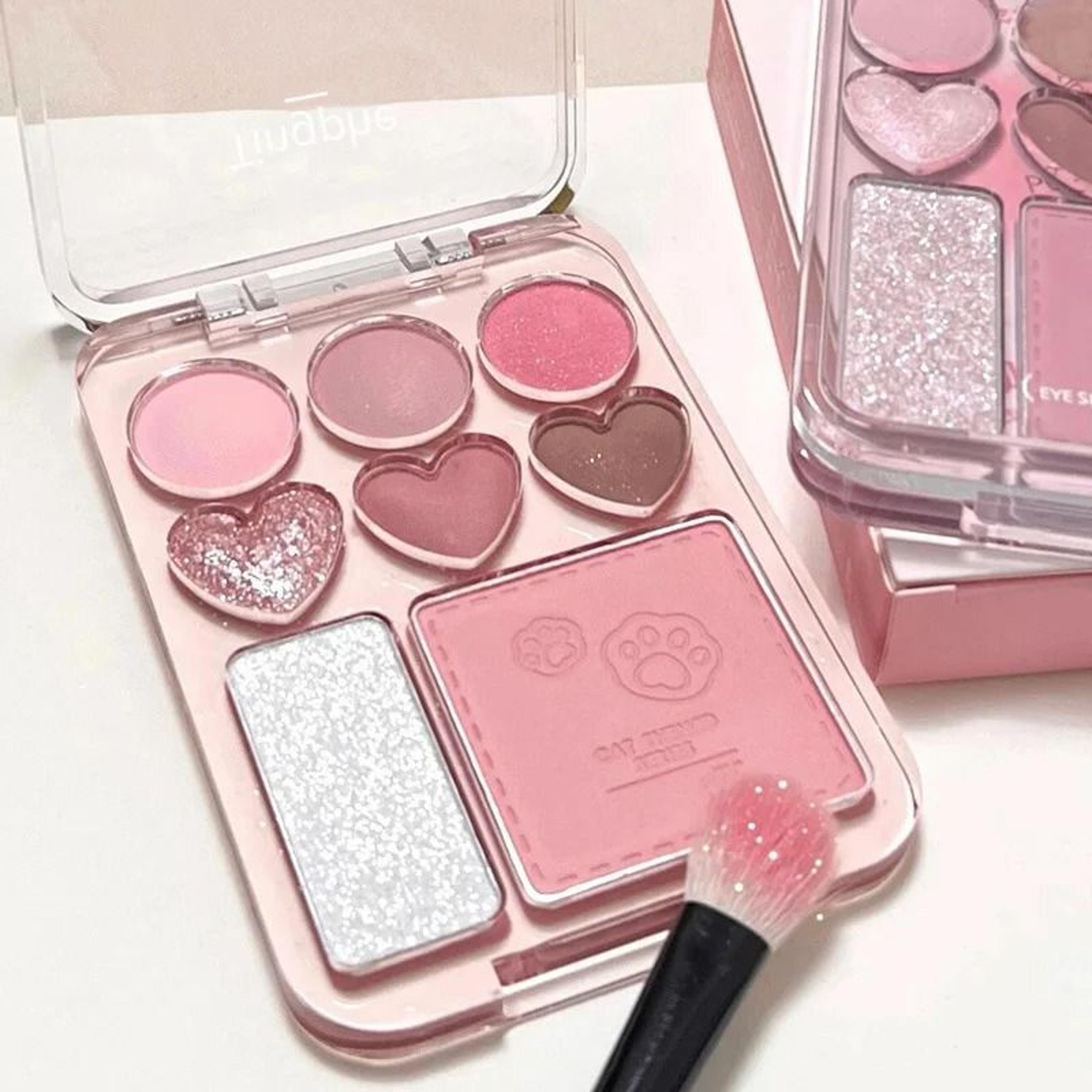 8-color heart-shaped palette - pink & orange eyeshadow, blusher & highlighter