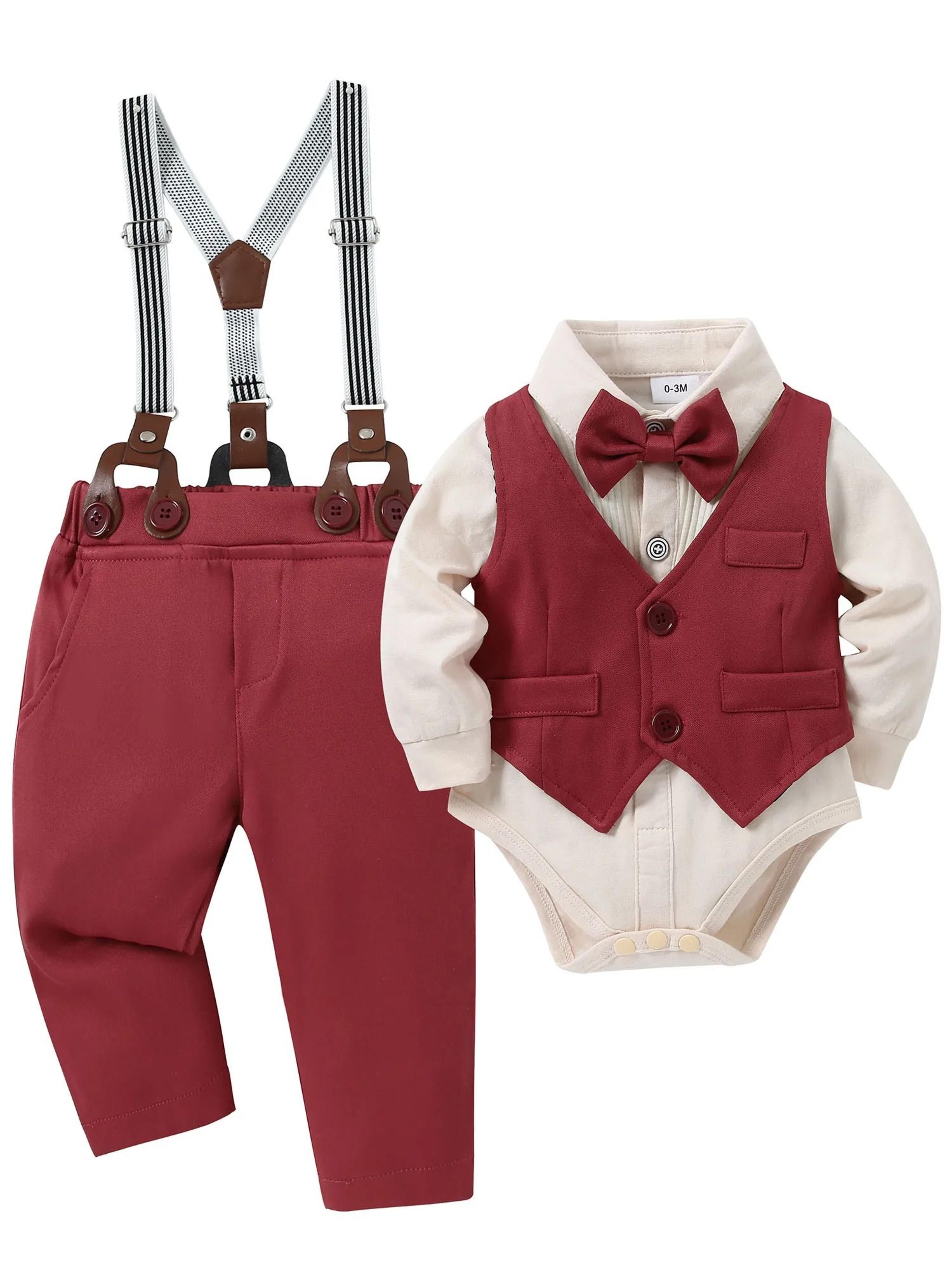 infant boy 4-piece gentleman wedding suit - formal dress shirt, vest & suspender set