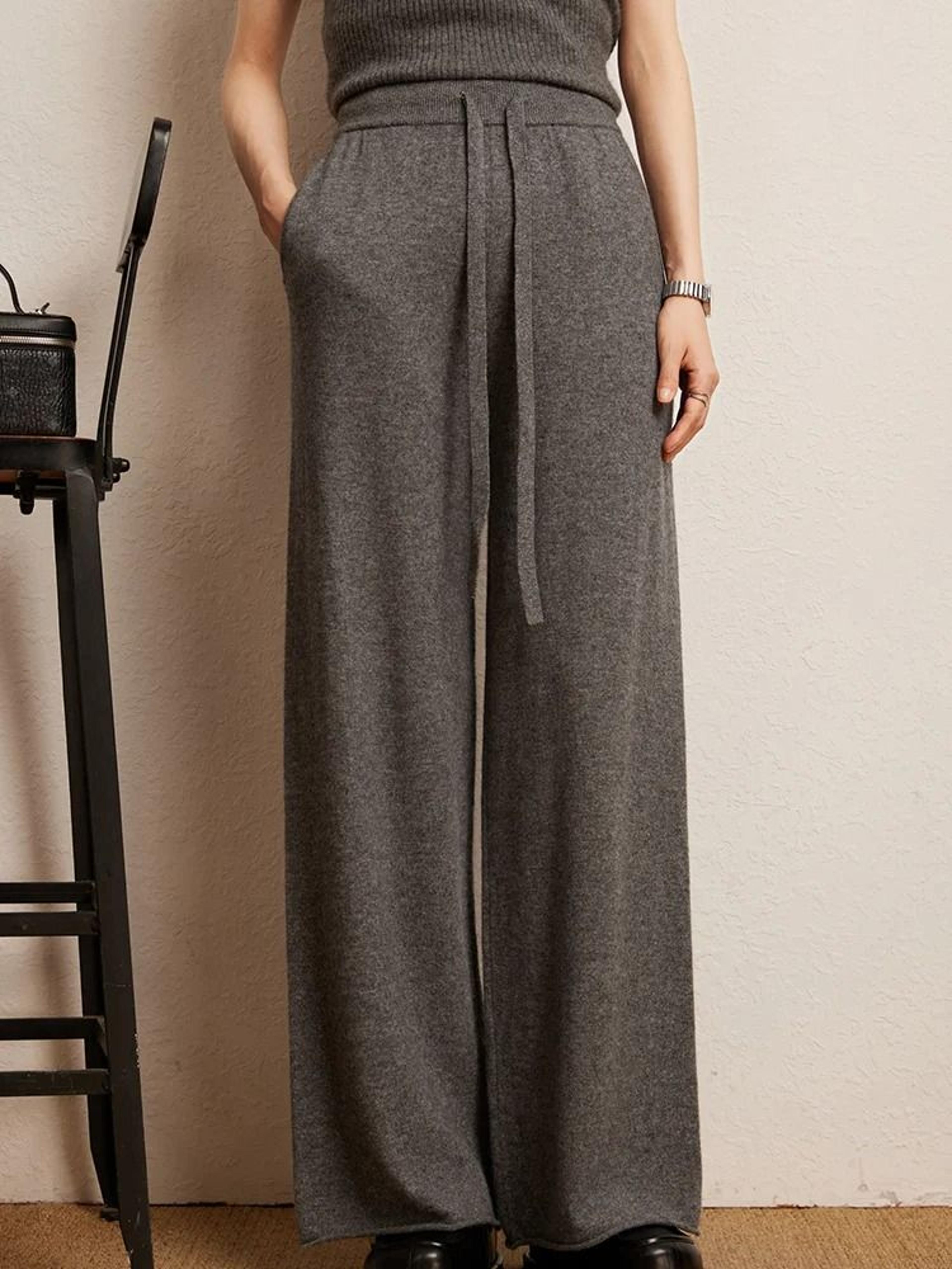 100% cashmere thin office straight pants autumn winter warm curled hem knitted lounge trousers