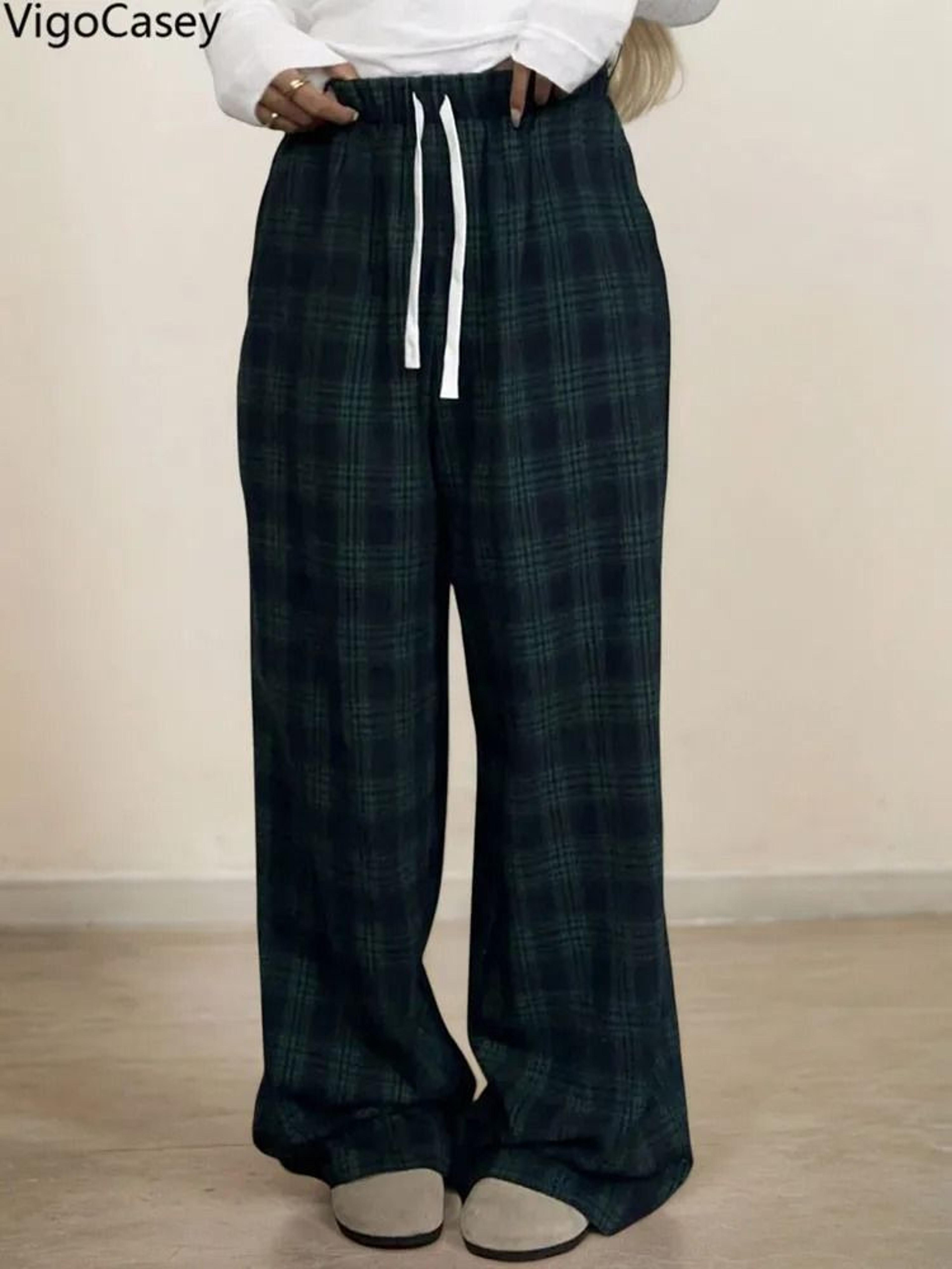 vigocasey 2025 women plaid print casual high waist wide leg pants green baggy autumn winter trousers