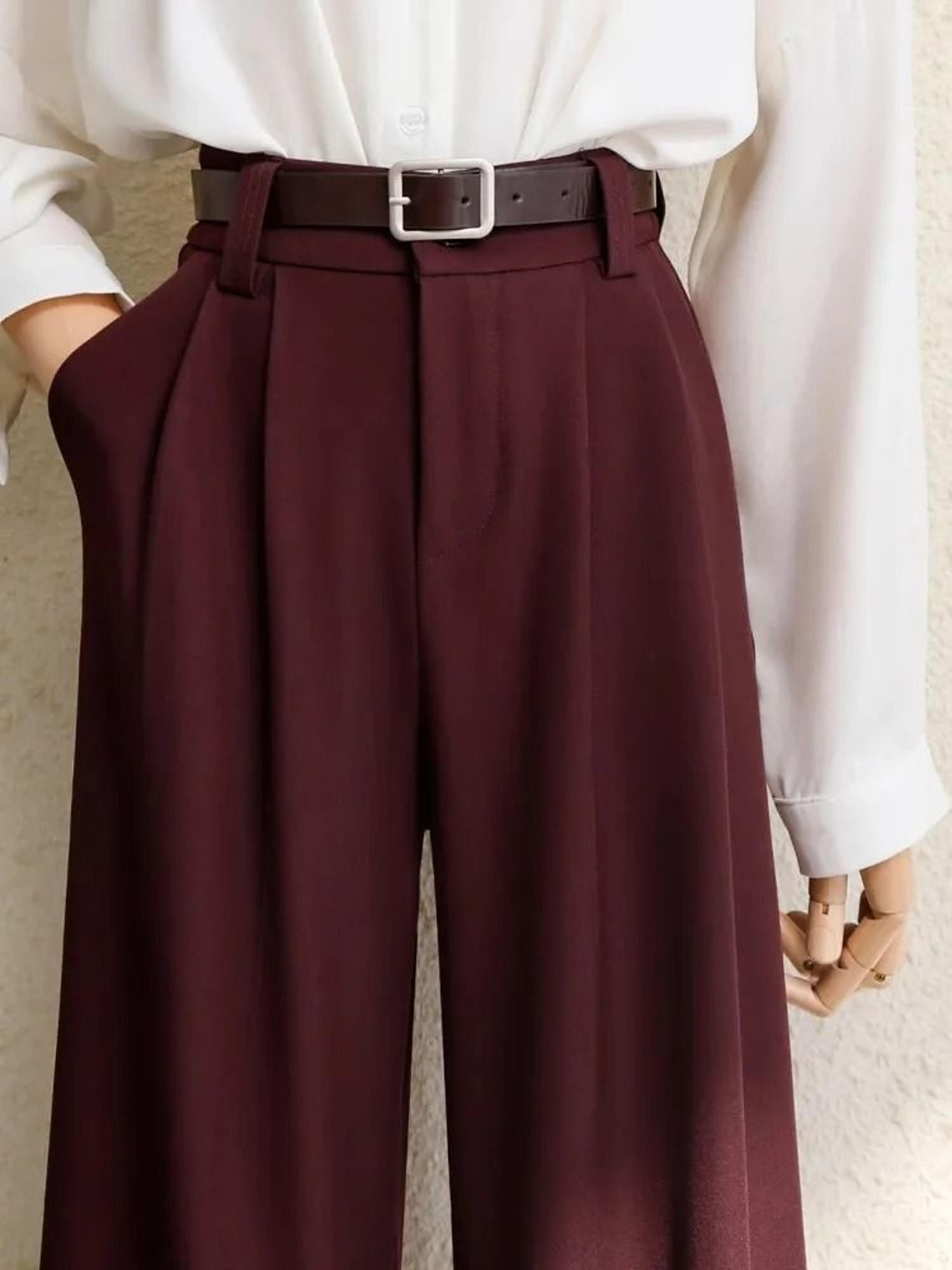 2026 burgundy wide leg suit pants elegant high waist office lady fashion trousers with pockets