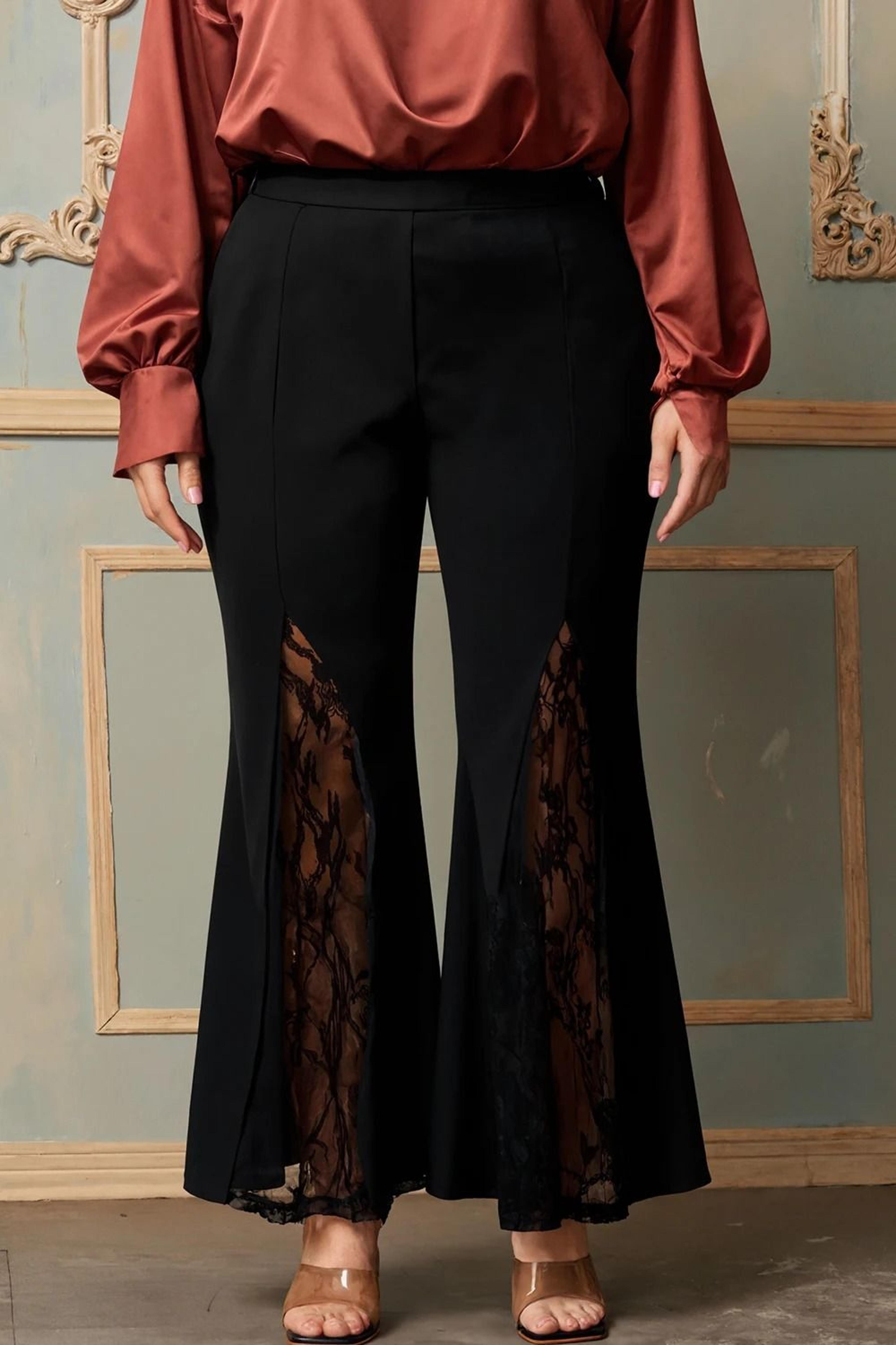 plus size lace patchwork hollow out high waist tailored flare pants casual office lady trousers