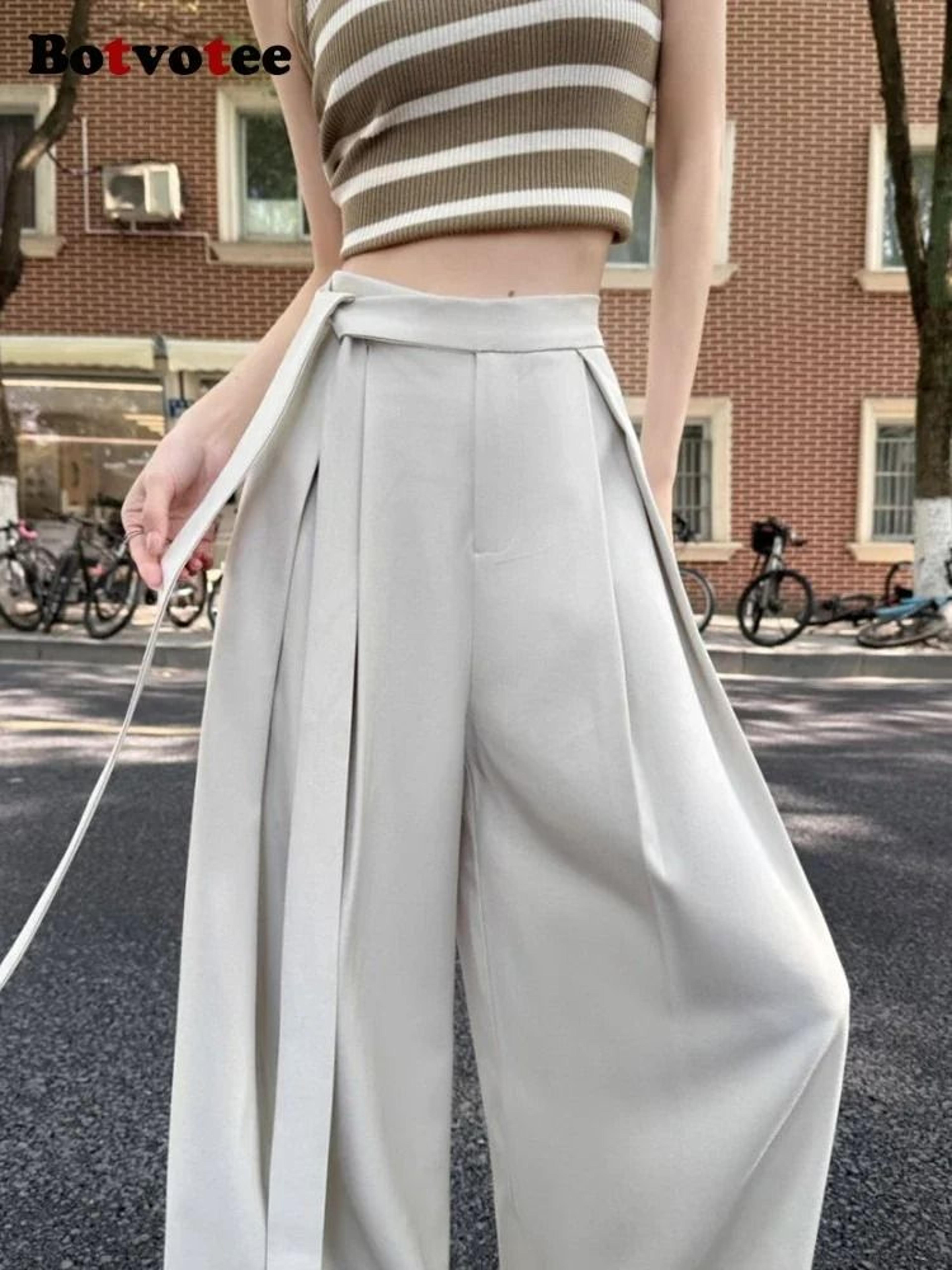 botvotee elegant office suit pants high waisted wide leg baggy blazer trousers with sashes