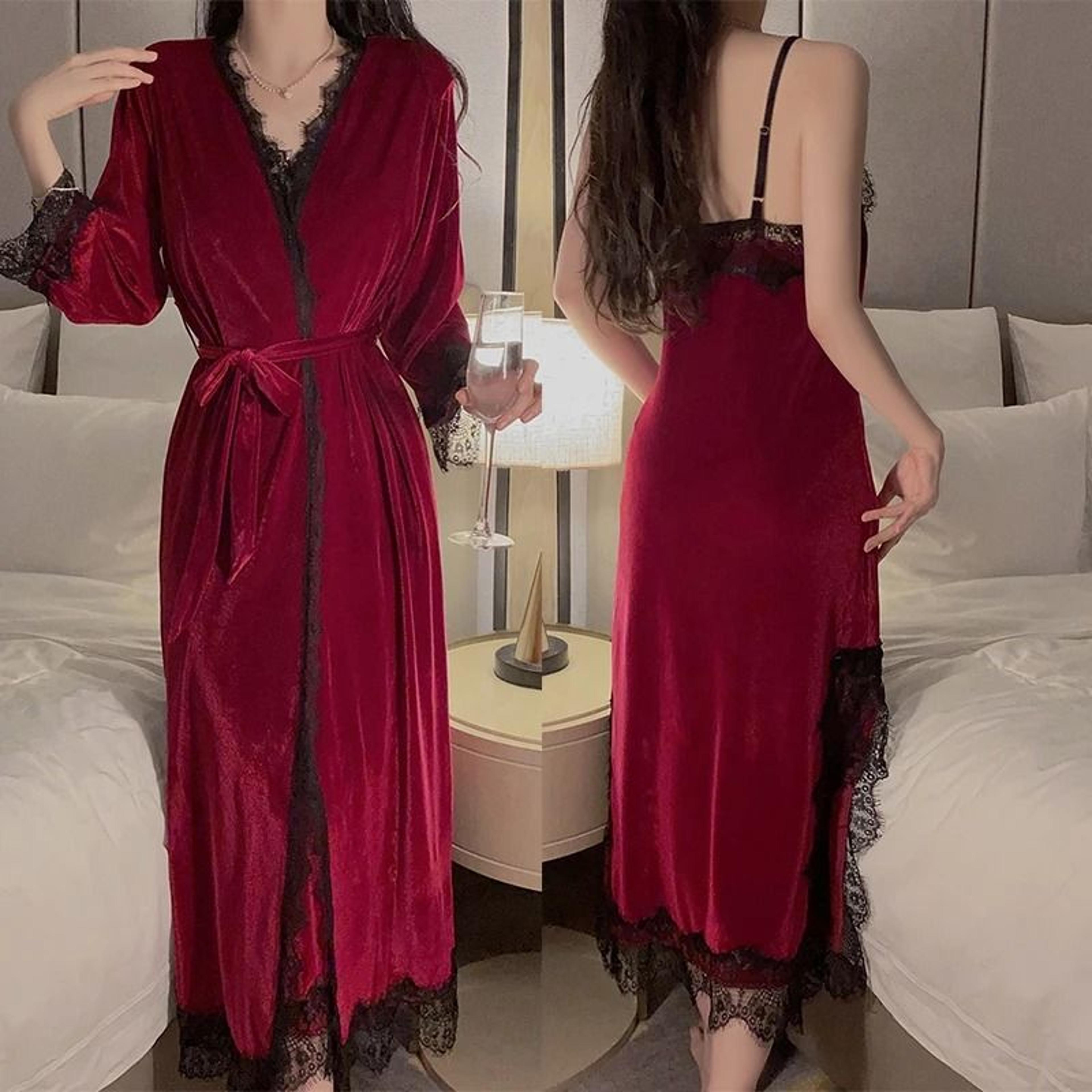womens warm velour homewear set | burgundy kimono robe & cami sleepwear winter loungewear system