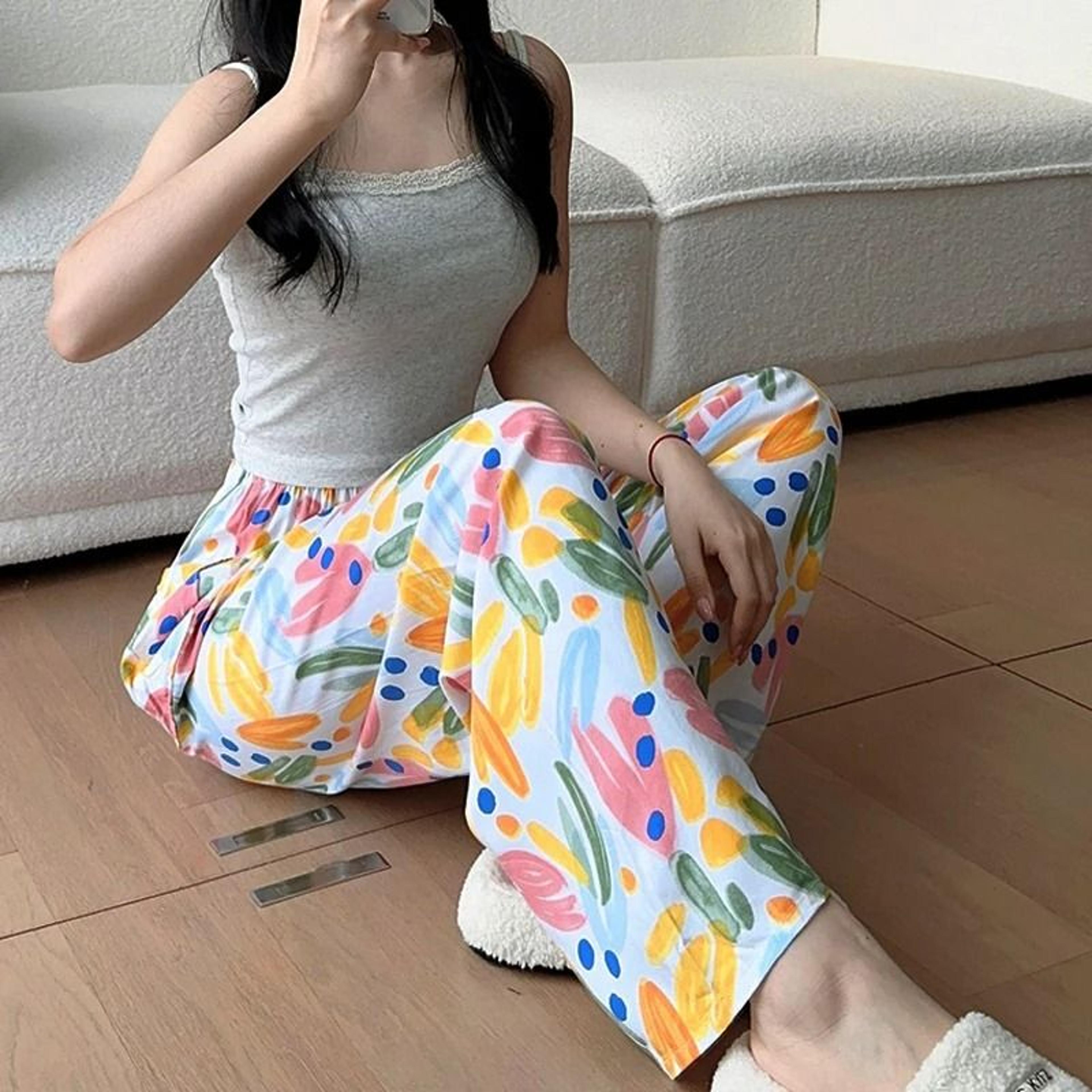 womens floral viscose wide-leg pants | anti-mosquito drape & loose straight pajama system